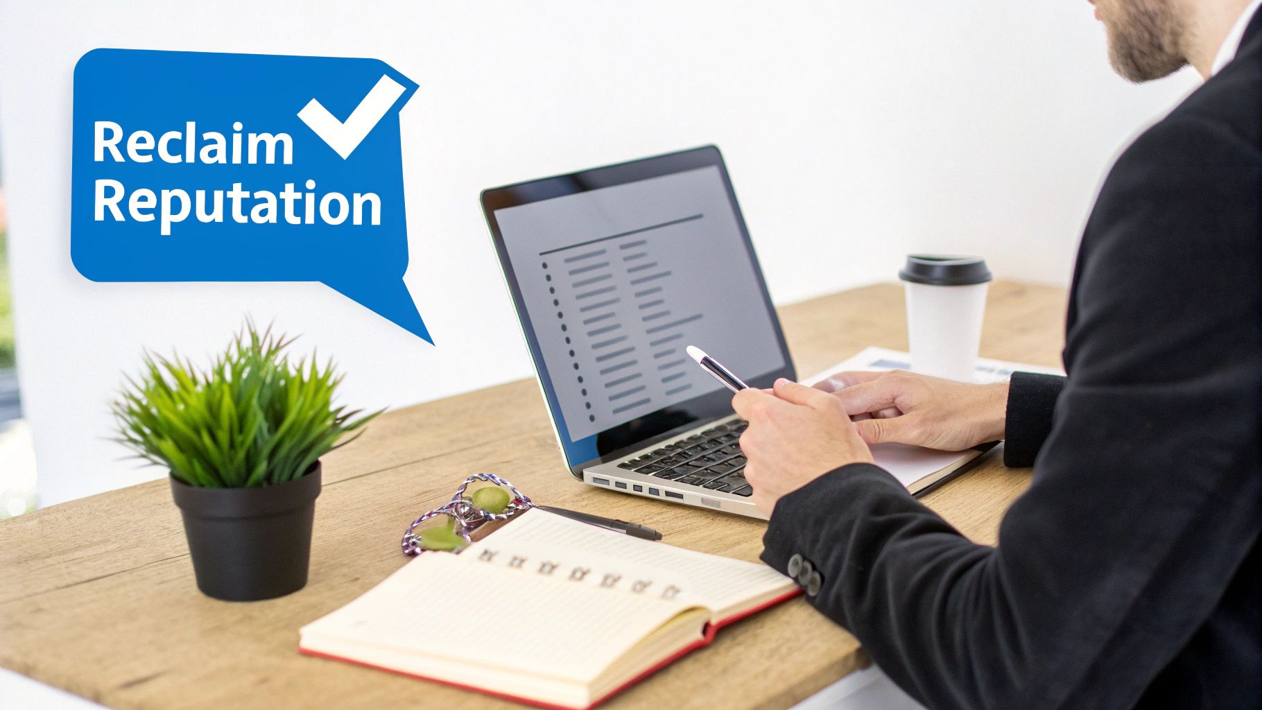 A simple three-step process to reclaim your business reputation displayed on a modern tablet screen.