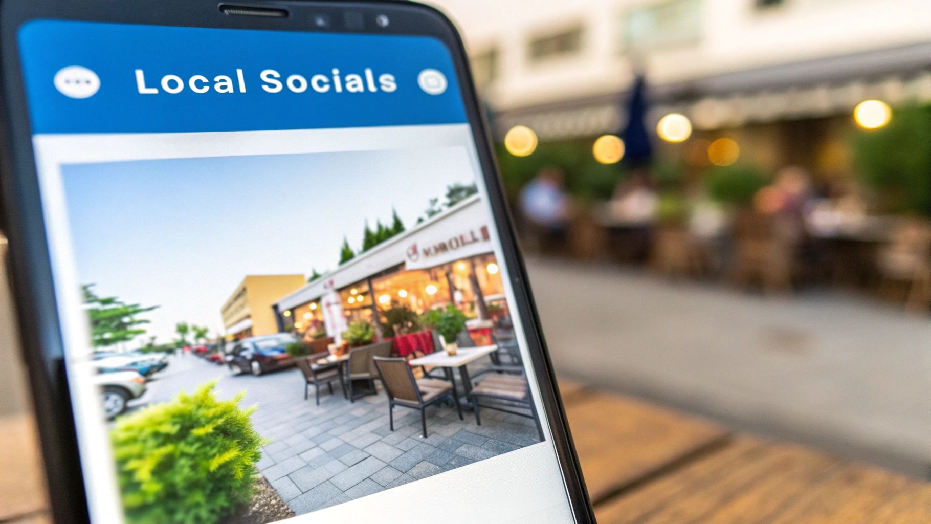 A smartphone screen showing a 'Local Socials' app with a vibrant photo of outdoor cafes and shops.
