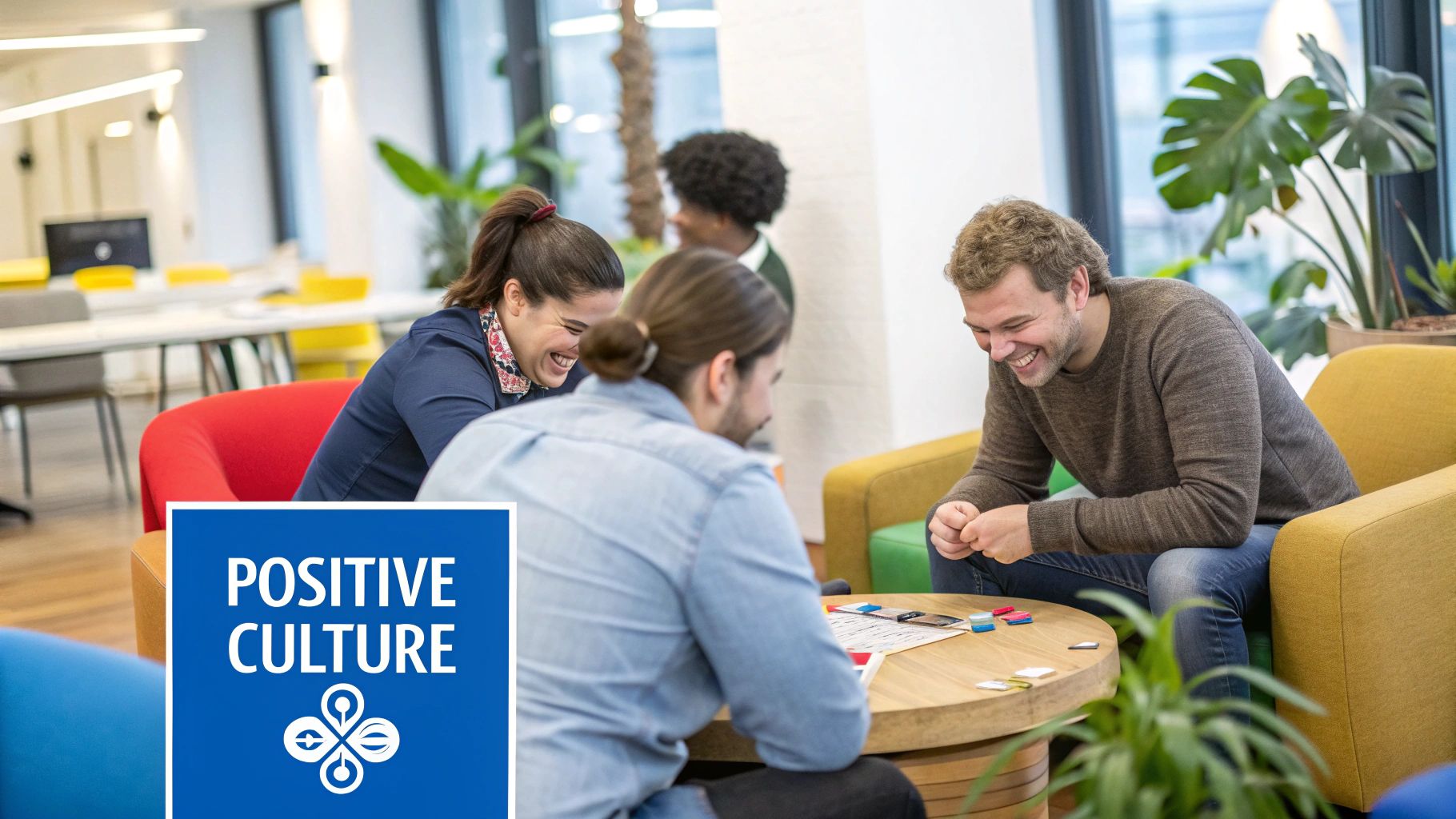 How To Deal With Unhappy Employees 4 A diverse team collaborates happily around a table in a bright, modern office space.