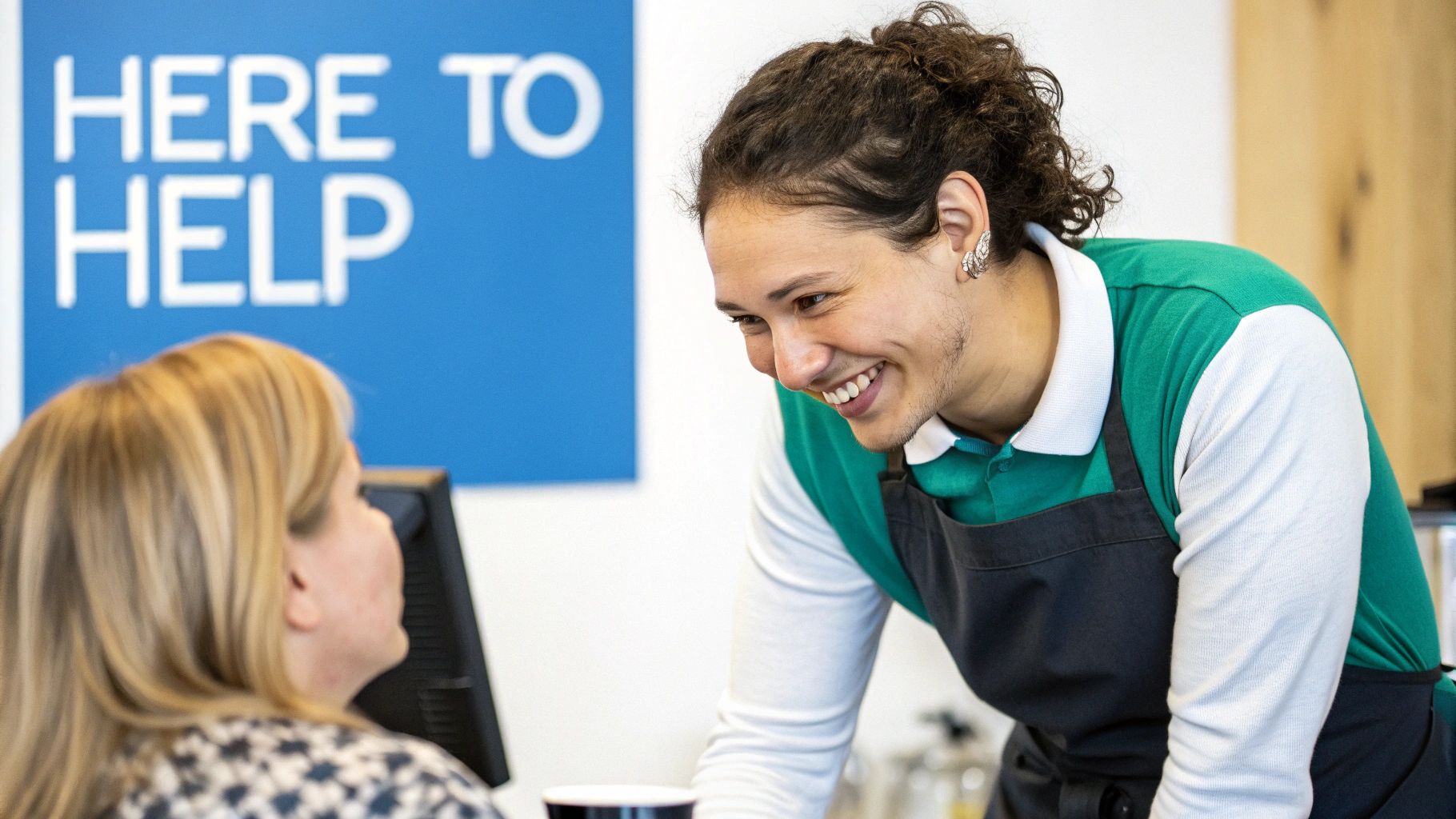 A cheerful employee in a green shirt and apron assists a customer at a service desk.