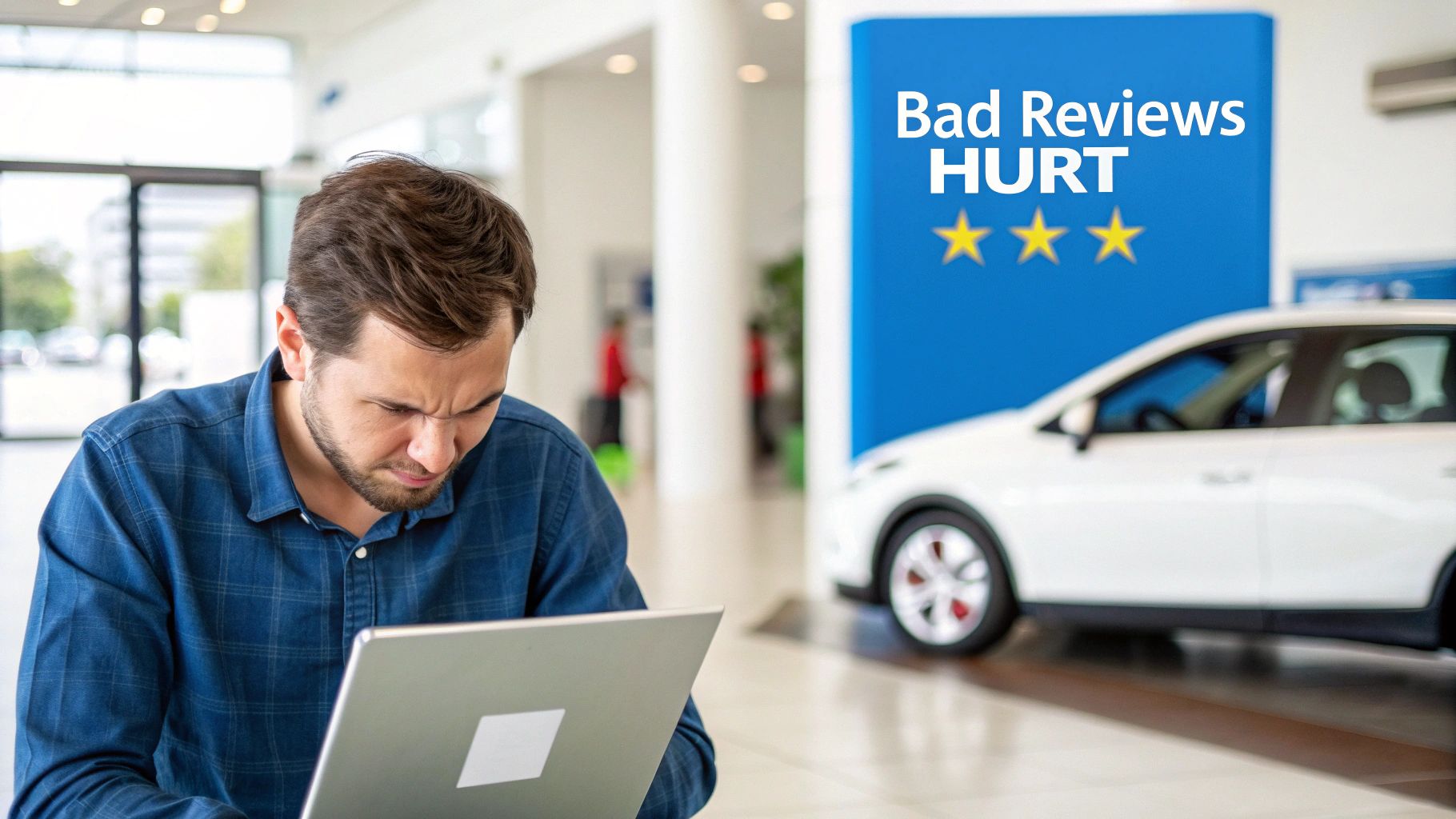 Automotive Reputation Management 1 A distressed man on a laptop in a car dealership, with a sign reading 'Bad Reviews HURT' and three stars.