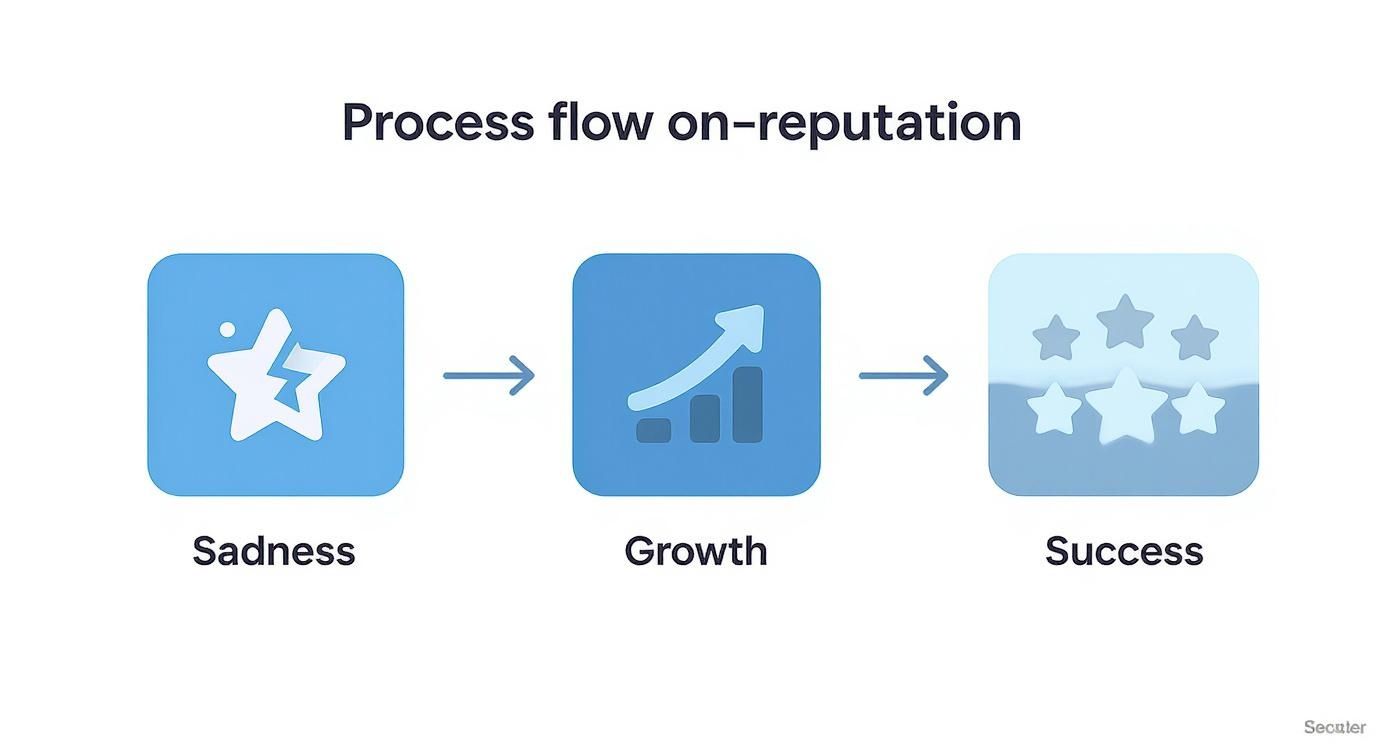 Reputation Online Management 1 Process flow diagram illustrating reputation journey from sadness, through growth, to ultimate success.