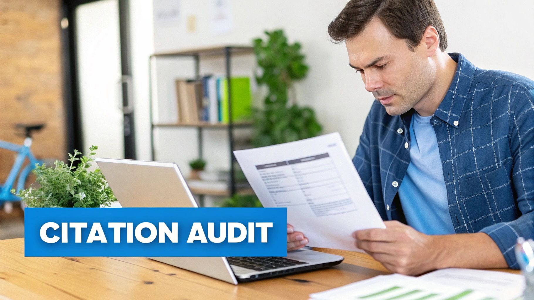 A man in a blue plaid shirt reviews documents at a desk with a laptop, plant, and a banner saying 'CITATION AUDIT'.