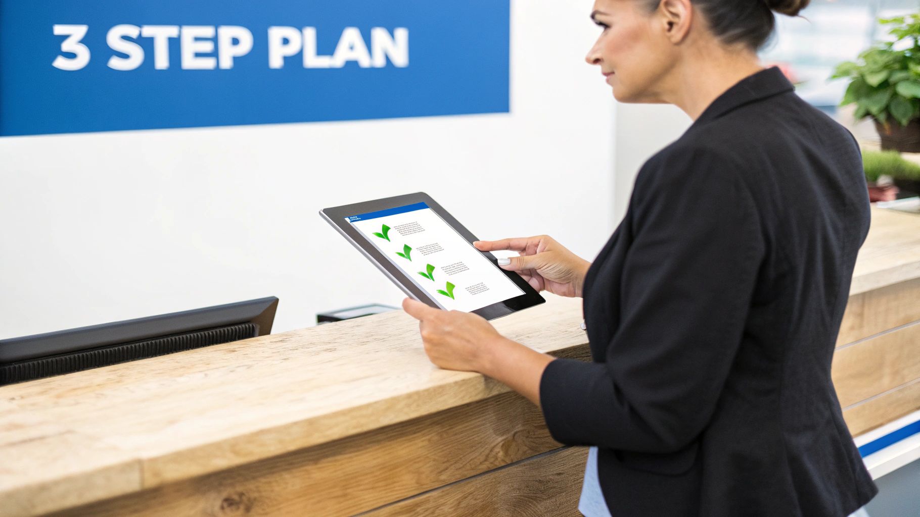 A simple 3-step process infographic with icons representing monitoring, responding, and building reviews.