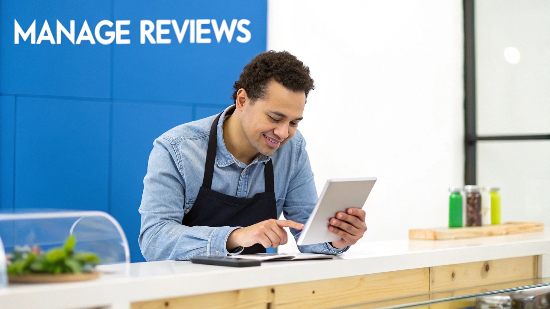 Optimize Google Business Profile 3 A smiling man in an apron uses a tablet to manage online reviews in his cafe.