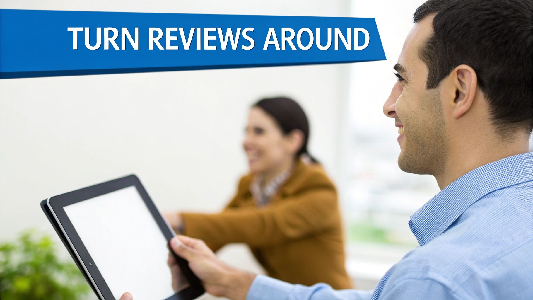 A customer happily leaving a five-star review on a tablet held by a smiling service business owner.