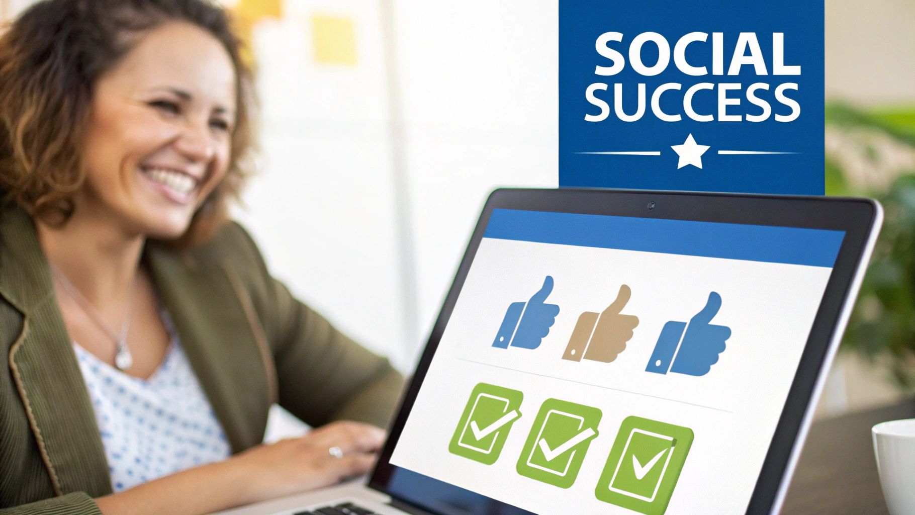 Social Media Etiquette 4 A small business owner smiling while reading positive comments on a tablet.