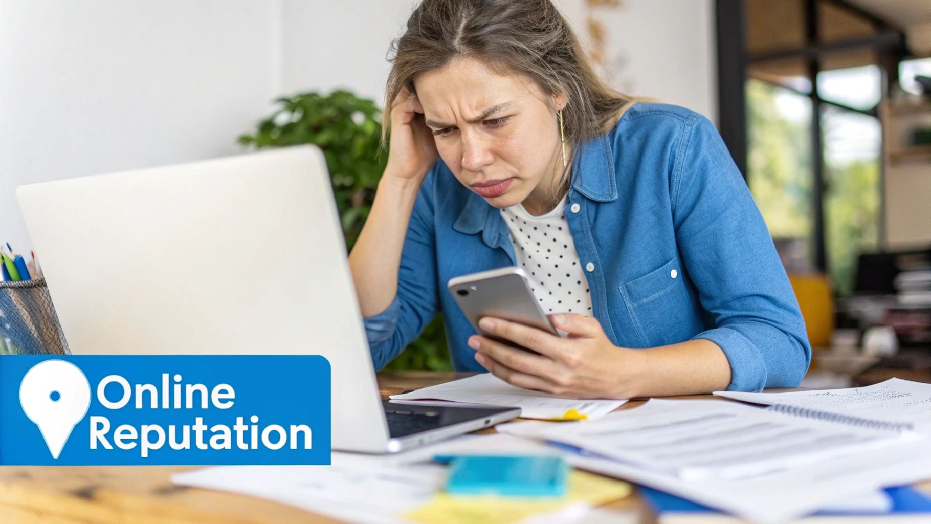 Social Media Etiquette 1 A person thoughtfully looking at their smartphone, representing a business owner managing social media.