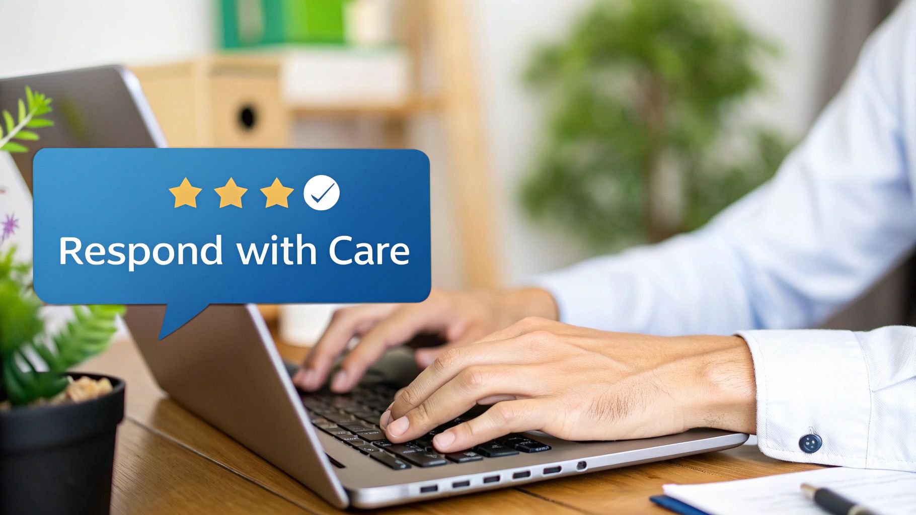 Reputation Online Management 3 Person typing on a laptop, a speech bubble overlay shows 'Respond with Care' and three stars.