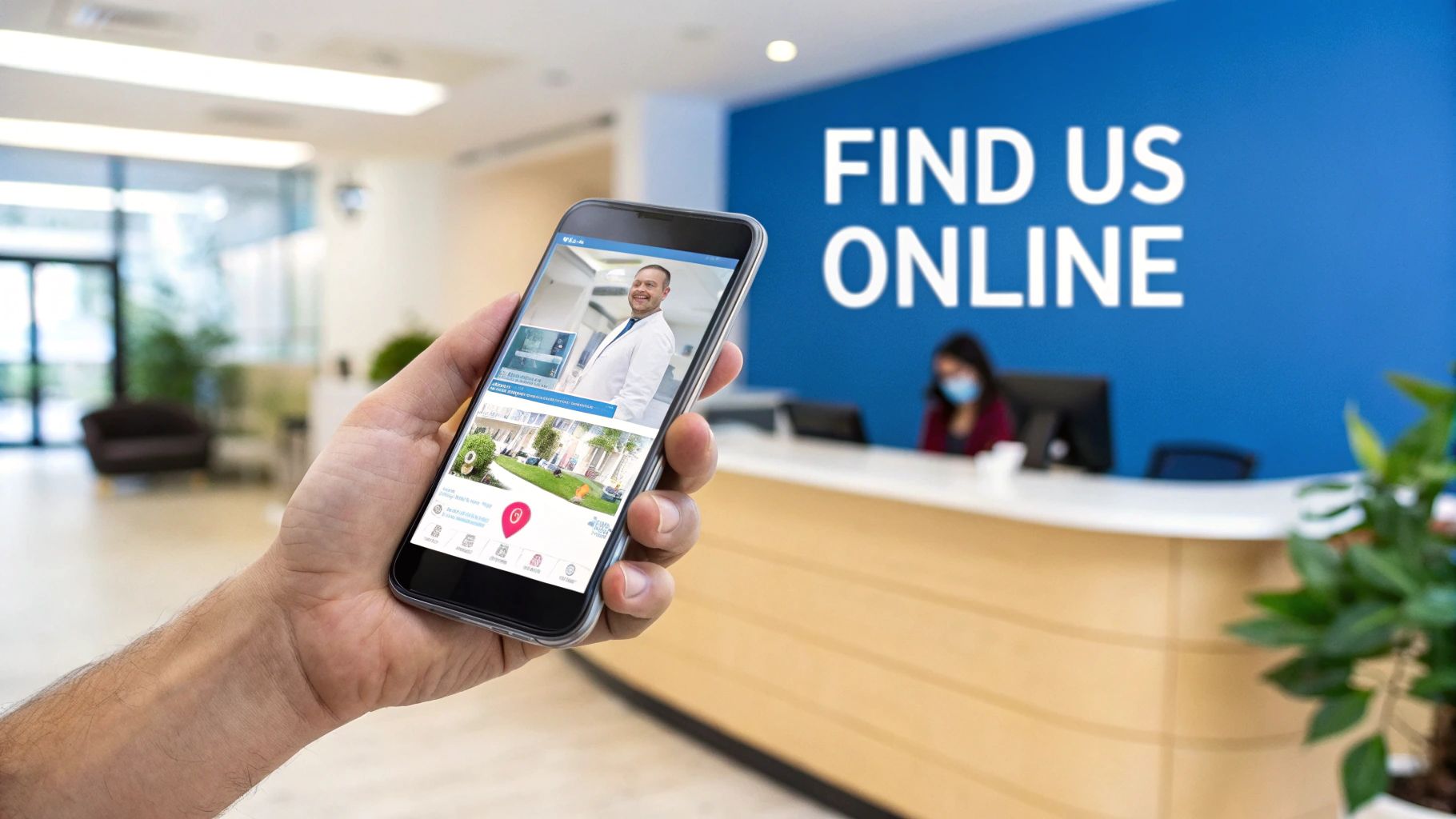 A hand holds a smartphone displaying a healthcare app with a doctor, in a clinic lobby with a 'FIND US ONLINE' sign.