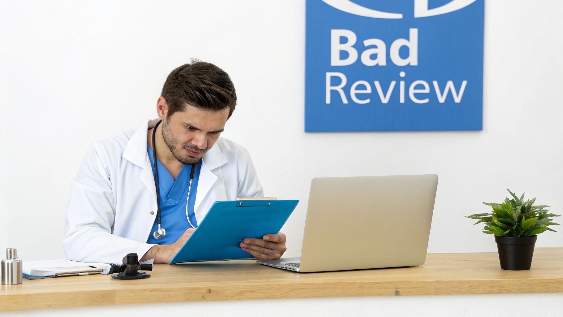 Manage Your Dental Reviews Effectively 1 A dentist looking thoughtfully at a laptop screen, concerned about online reviews.