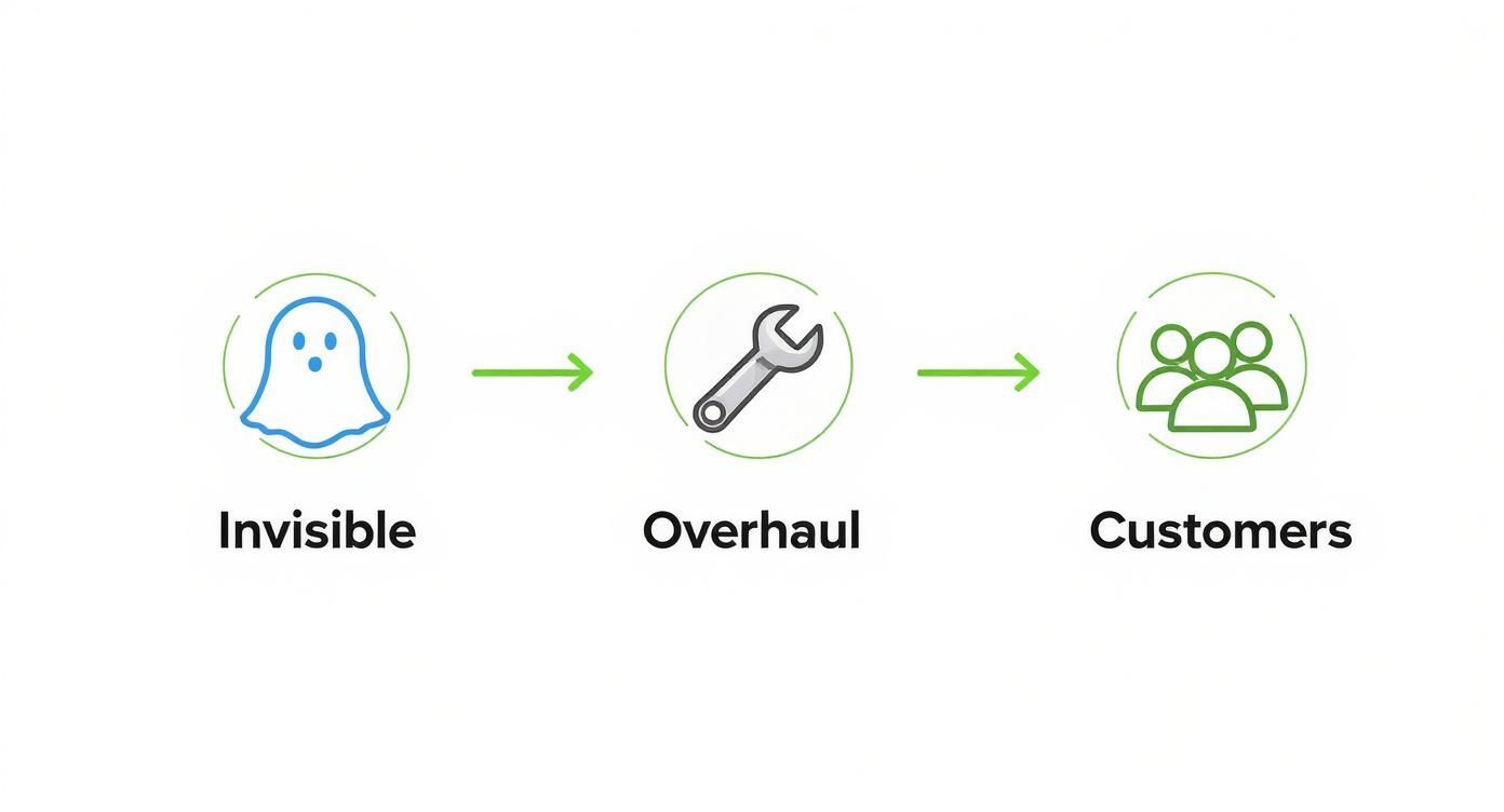 Optimize Google Business Profile 1 A diagram with icons: ghost for 'Invisible', wrench for 'Overhaul', and people for 'Customers', illustrating a business process.