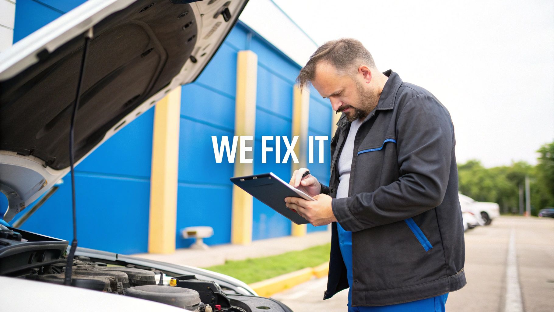 A bearded mechanic in work clothes inspects a car's open engine, writing on a clipboard, with 'WE FIX IT' text.