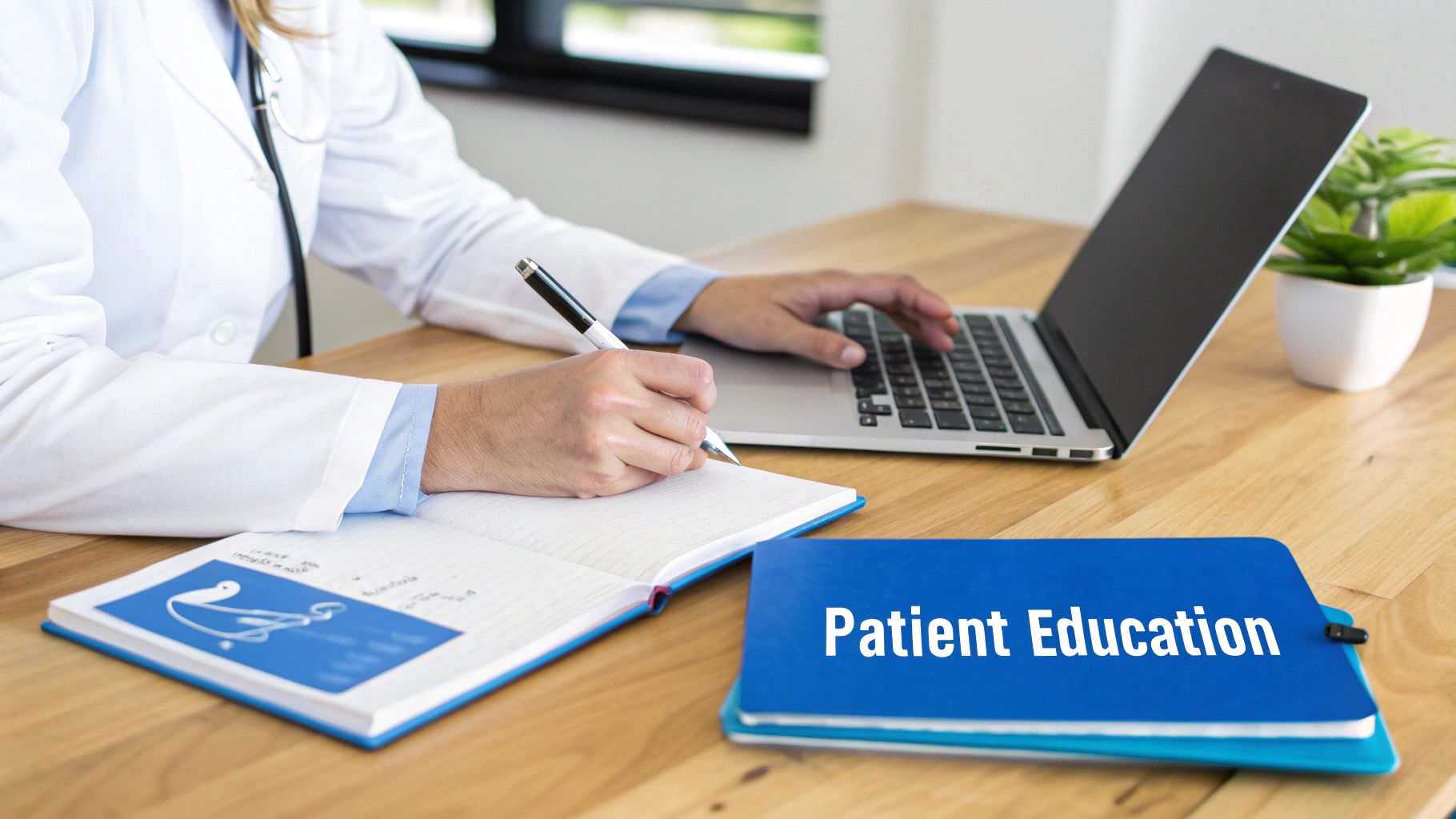 Doctor writing in a notebook and typing on a laptop, next to a 'Patient Education' folder.