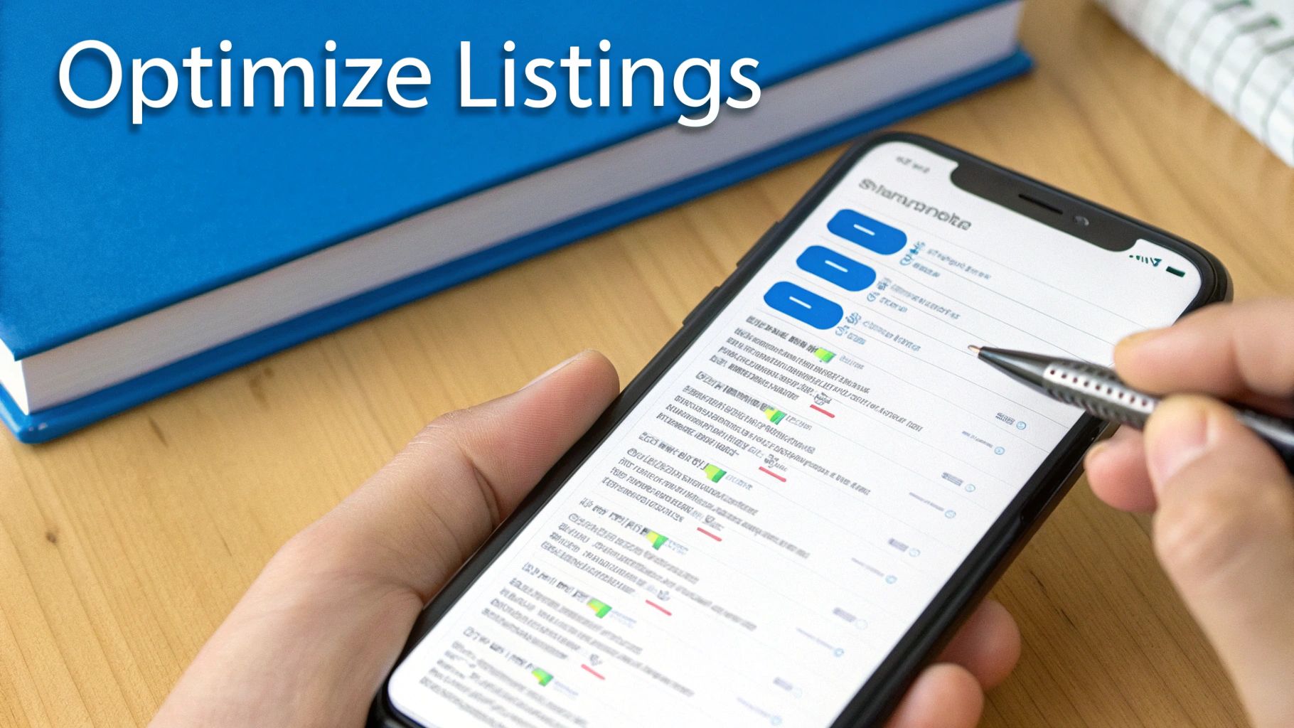 Person optimizing listings on a smartphone using a stylus, with a blue book in the background.