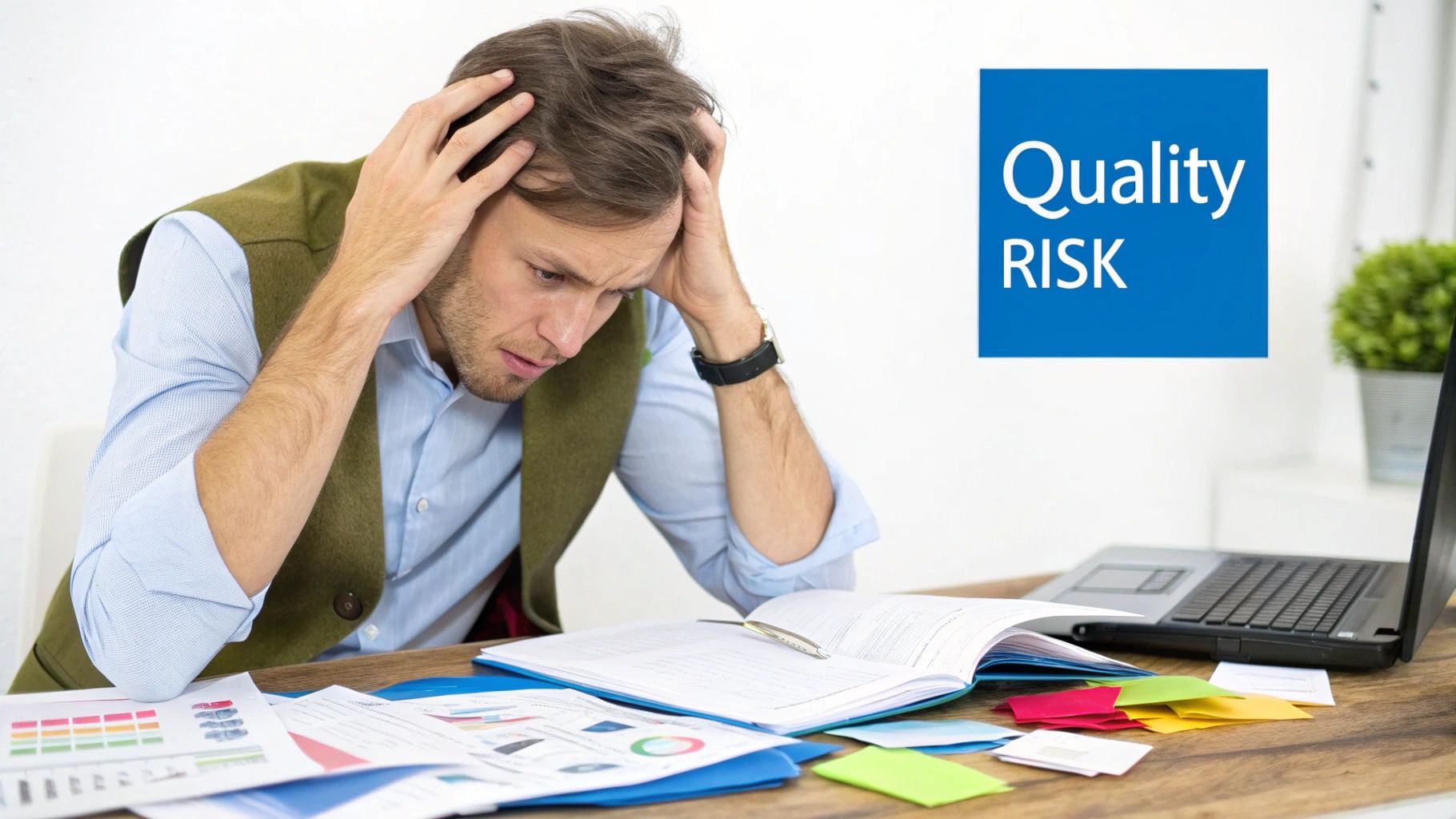 A frustrated small business owner looking at negative reviews on a laptop.