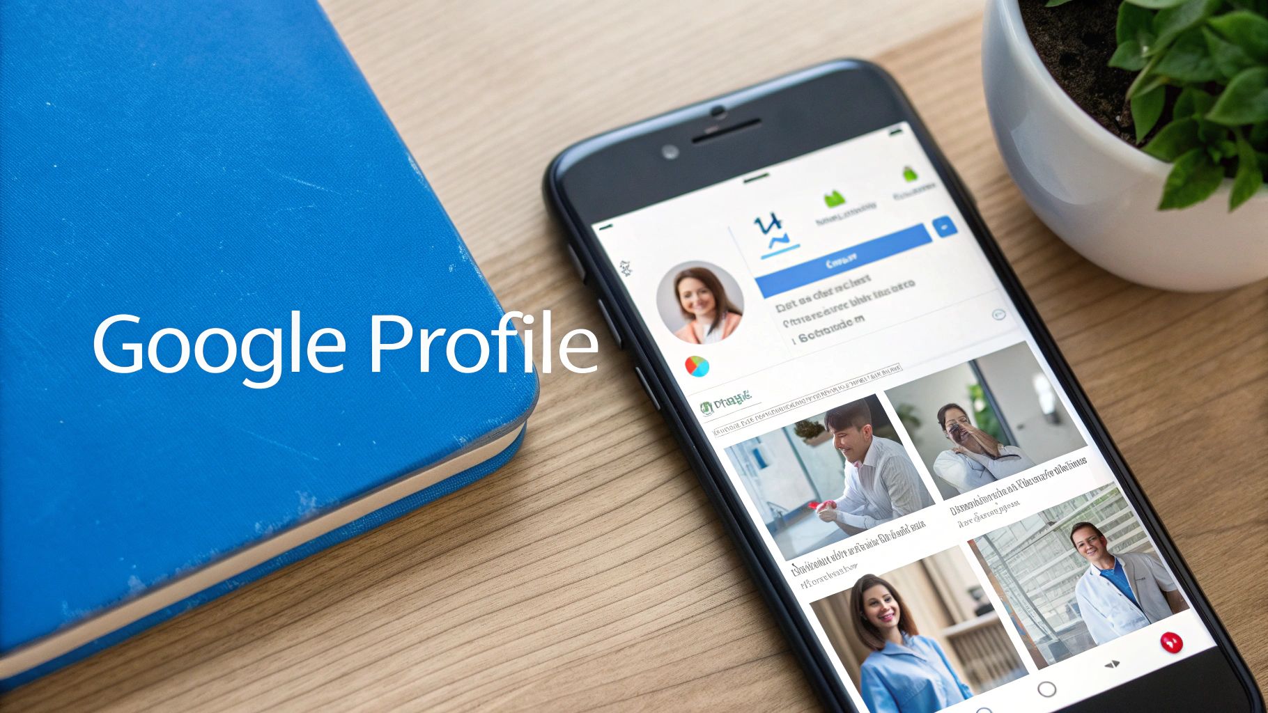 A smartphone displaying a profile app next to a blue book with 'Google Profile' text.