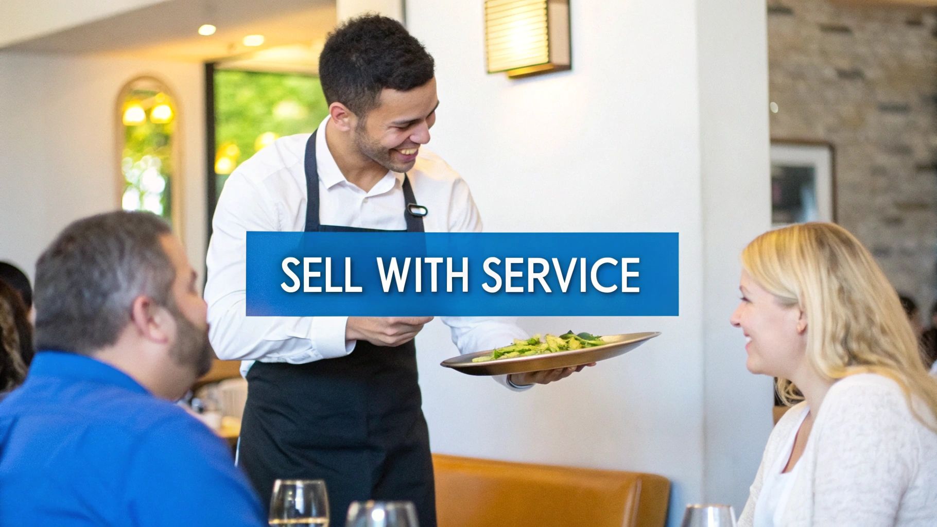 A smiling restaurant server passionately describing a menu special to a table of engaged customers.