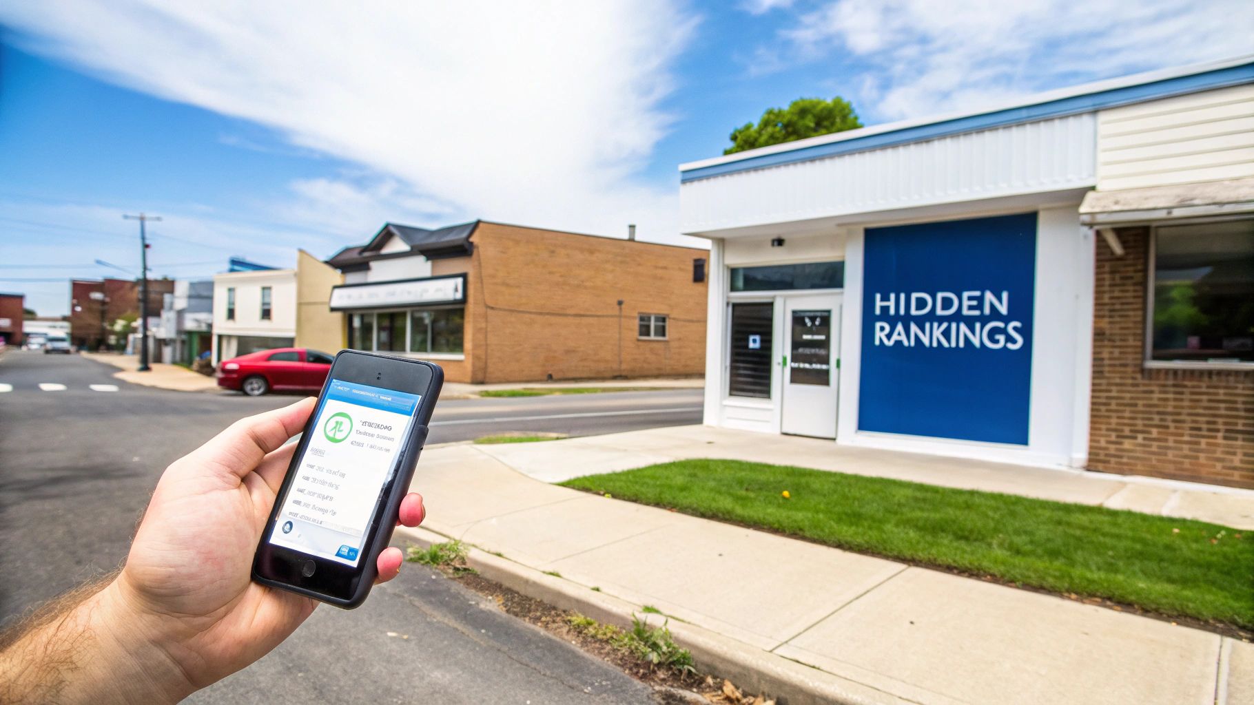 A hand holds a smartphone showing a local local seo app, with a building labeled 'HIDDEN RANKINGS' in the background.