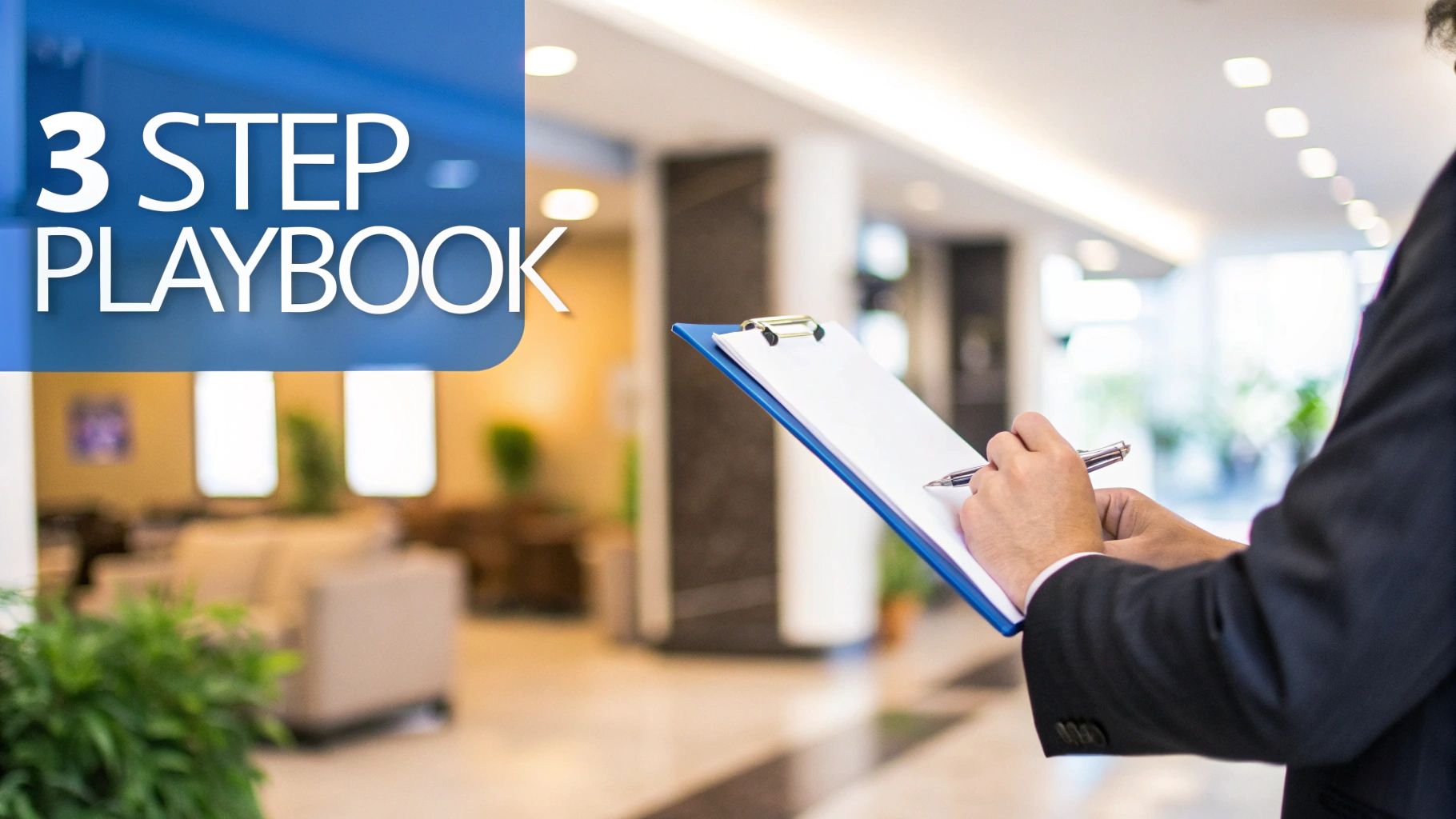 Hotel manager confidently reviewing positive feedback on a tablet.