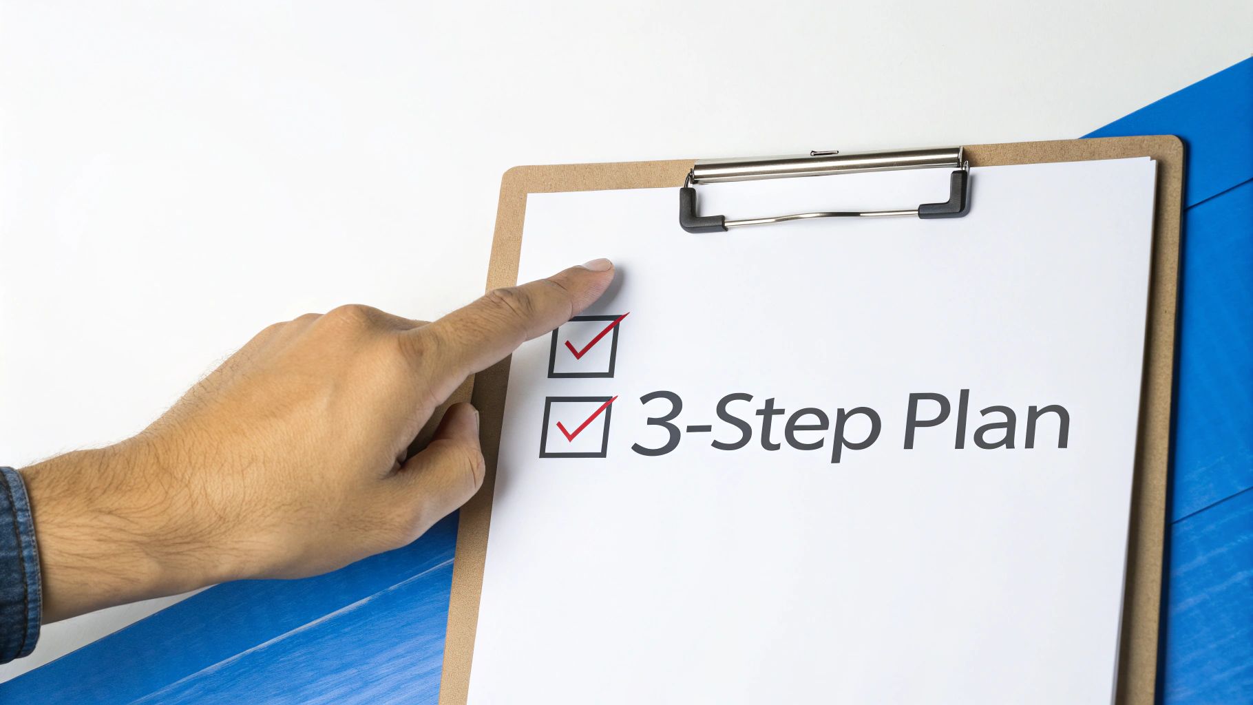 A hand points to a clipboard with a paper titled '3-Step Plan' and two checked boxes.