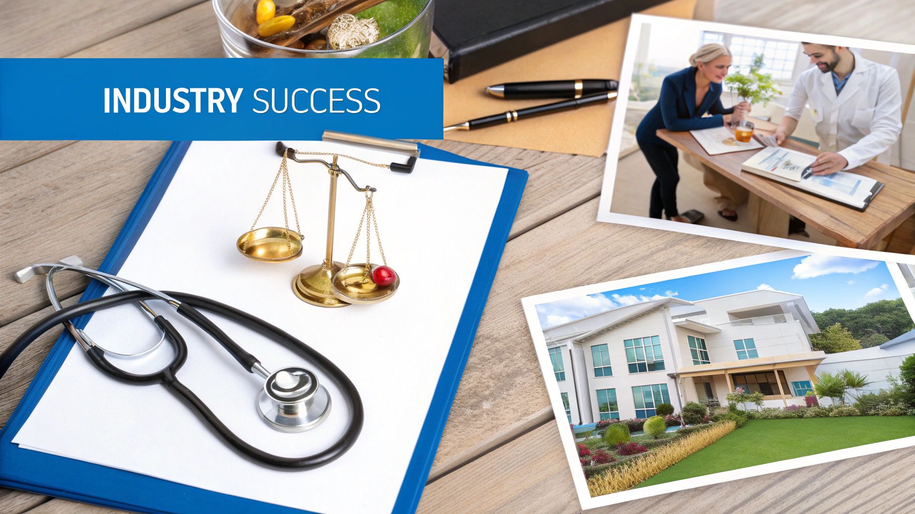 A collage showcasing industry success with medical, legal, business, and real estate symbols on a wooden table.