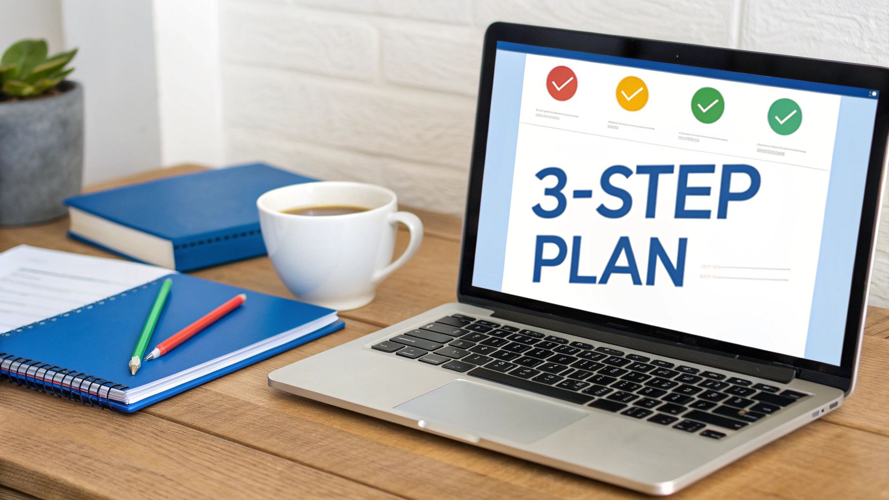 What Is Review Management? 1 Laptop displaying three-step plan presentation with colorful checkmarks on wooden desk with notebooks