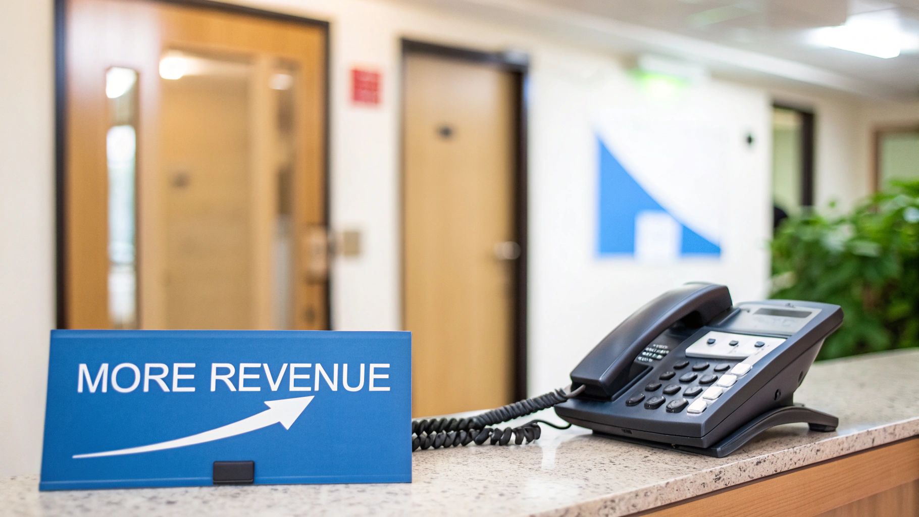 A blue sign reading 'MORE REVENUE' with an upward arrow sits next to a black desk phone on a counter.