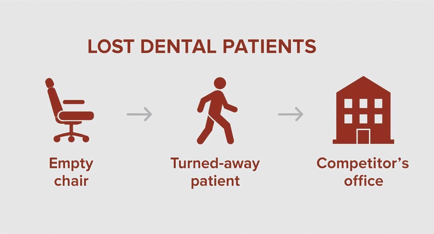 Google Reviews For Dentists 1 A diagram illustrates lost dental patients, from an empty chair to a turned-away patient going to a competitor's office.