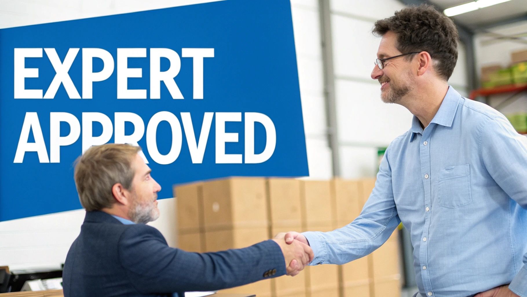 Two smiling men shaking hands in a warehouse setting under a large blue 'EXPERT APPROVED' sign.