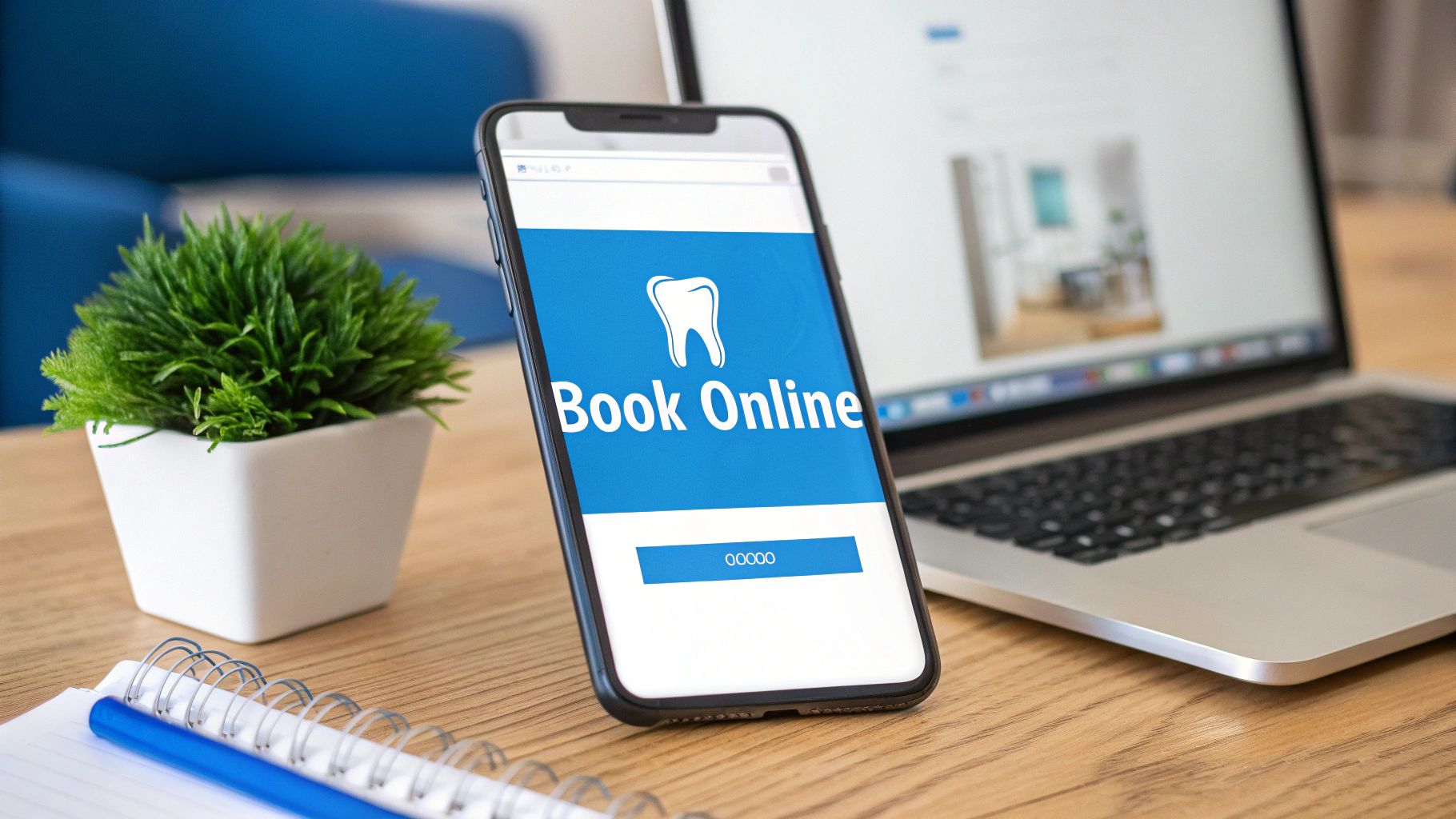 Smartphone displaying a dental 'Book Online' page, next to a laptop and a small plant.