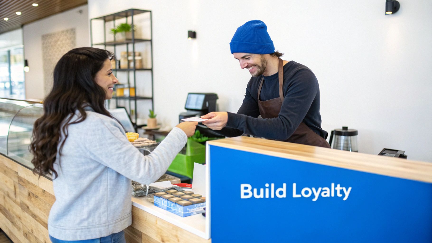 A business owner smiling while shaking a customer's hand, symbolizing loyalty built from feedback.