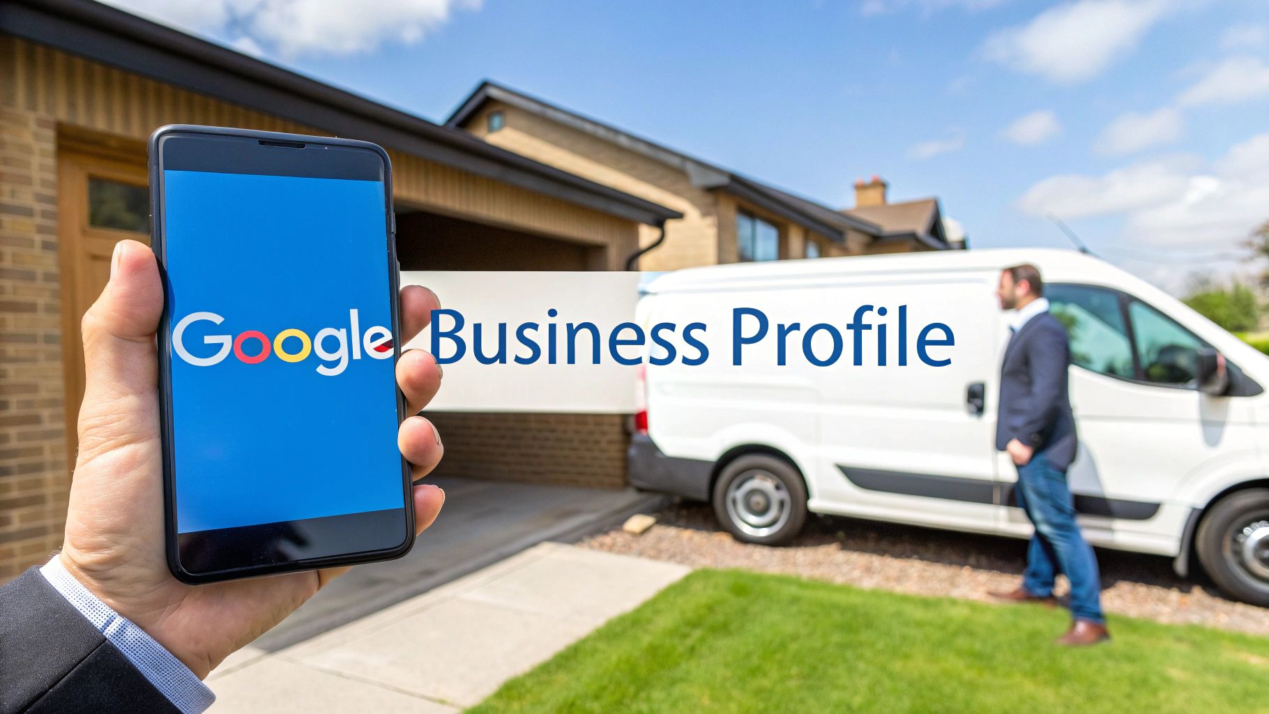 Local SEO For Home Services 1 Hand holding smartphone displaying Google logo with Business Profile text and service van in residential driveway