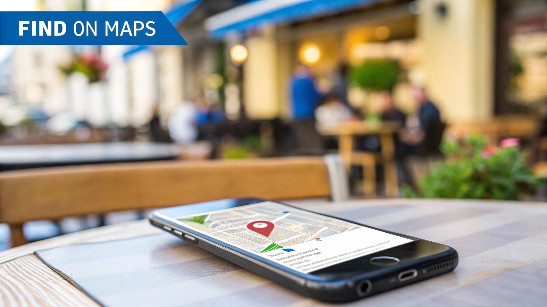 Smartphone displaying a map with a red location pin on an outdoor cafe table, with blurred background.
