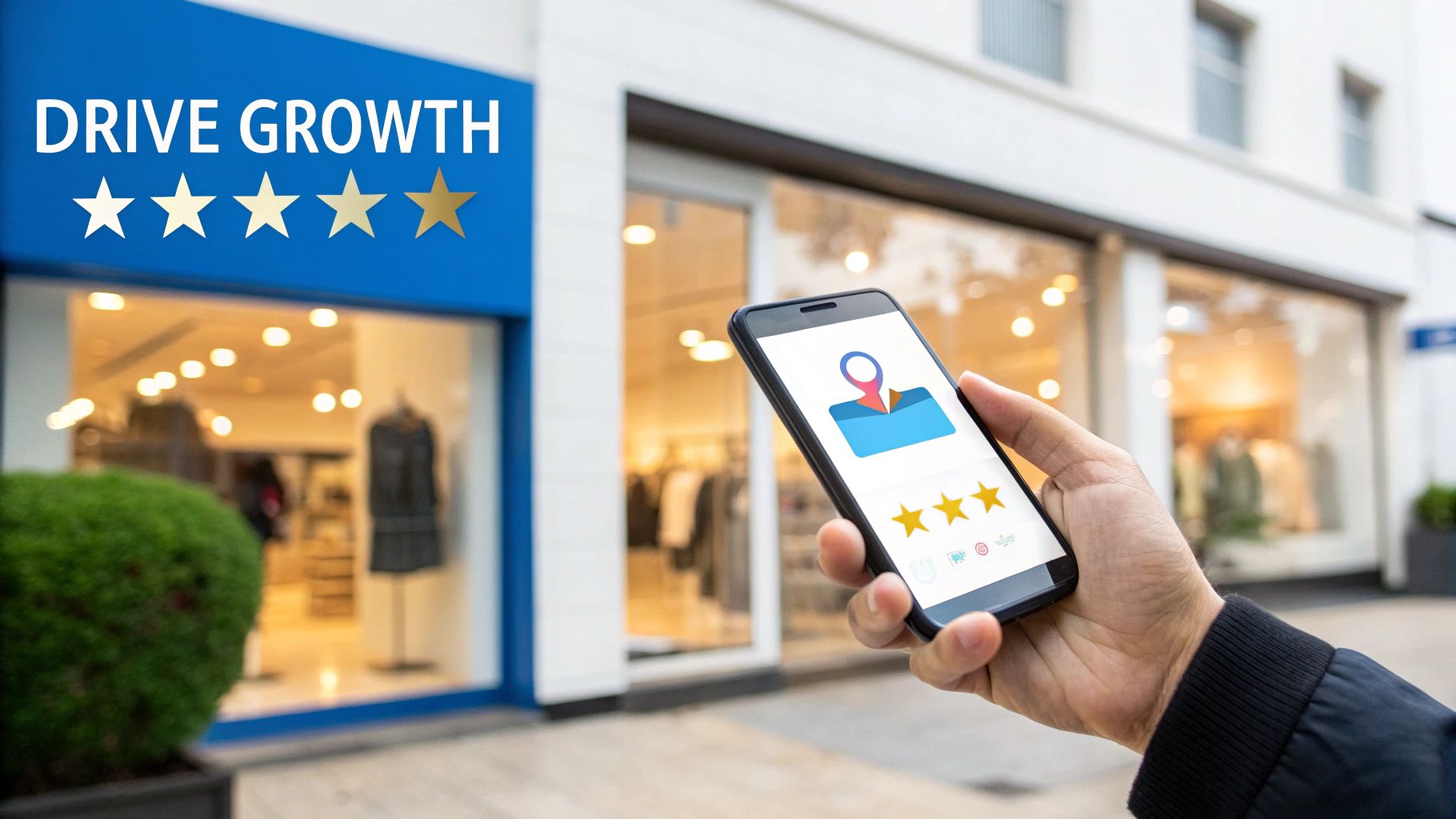 What Is Review Management? 2 Hand holding smartphone displaying location map and five star rating outside retail storefront