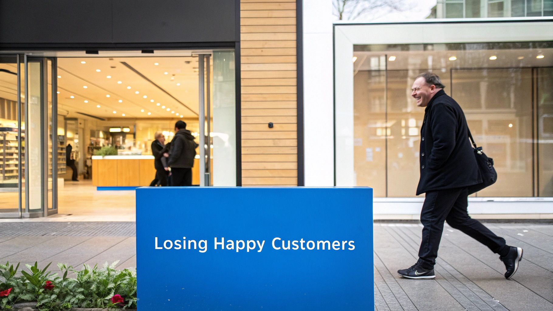Customer Experience Benchmarking 1 A group of diverse customers smiling while interacting with a small business owner over a counter.