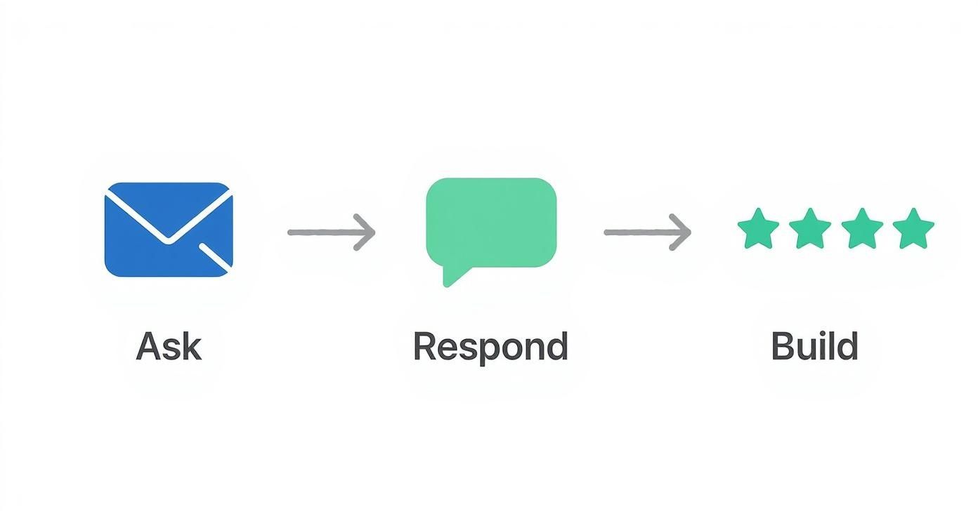 Doctor Online Reputation Management 3 A visual workflow showing three steps: Ask (envelope), Respond (speech bubble), and Build (four stars).