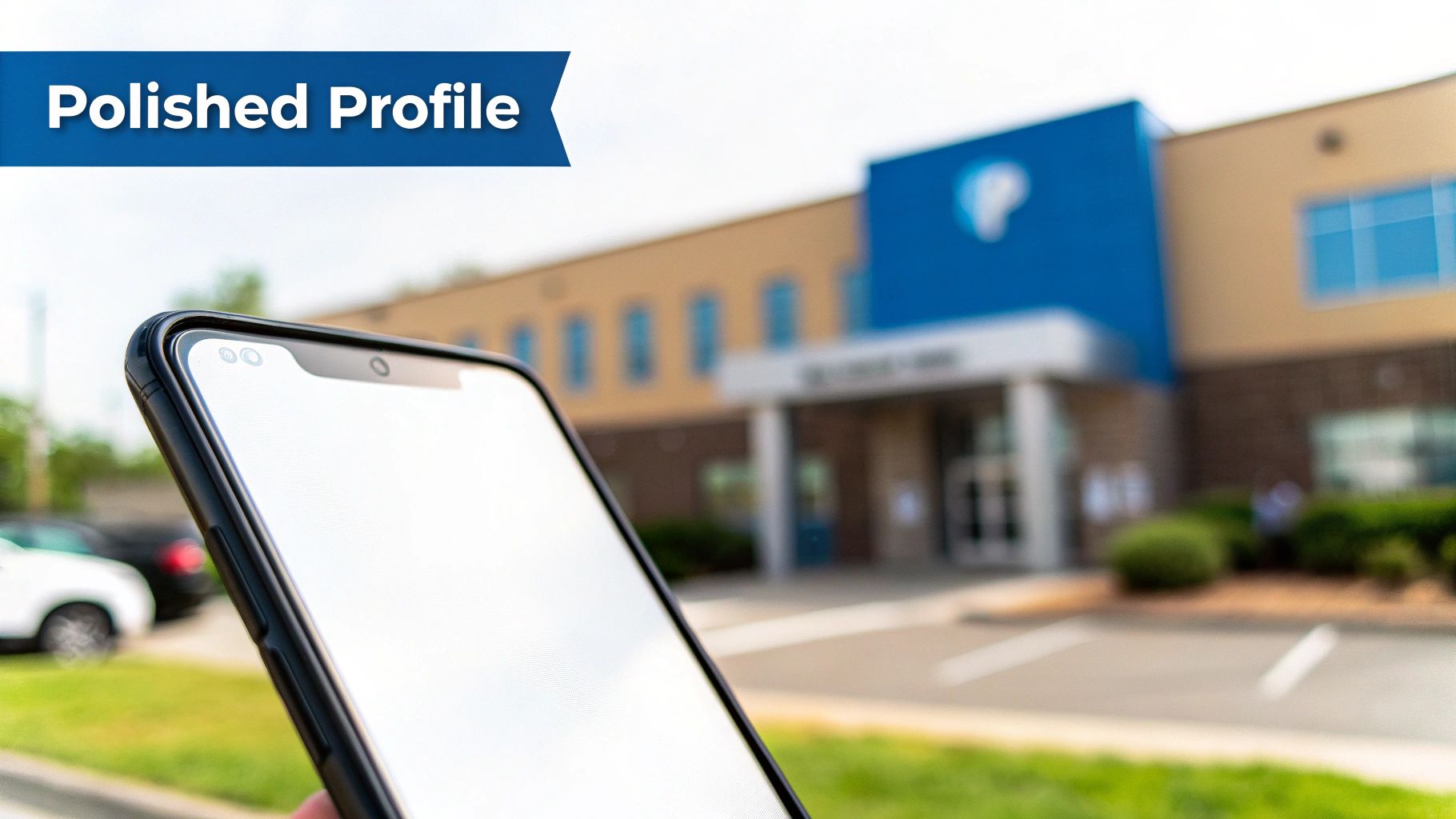 A hand holds a smartphone with a blank screen, pointing towards a building with a 'P' logo and 'Polished Profile' banner.