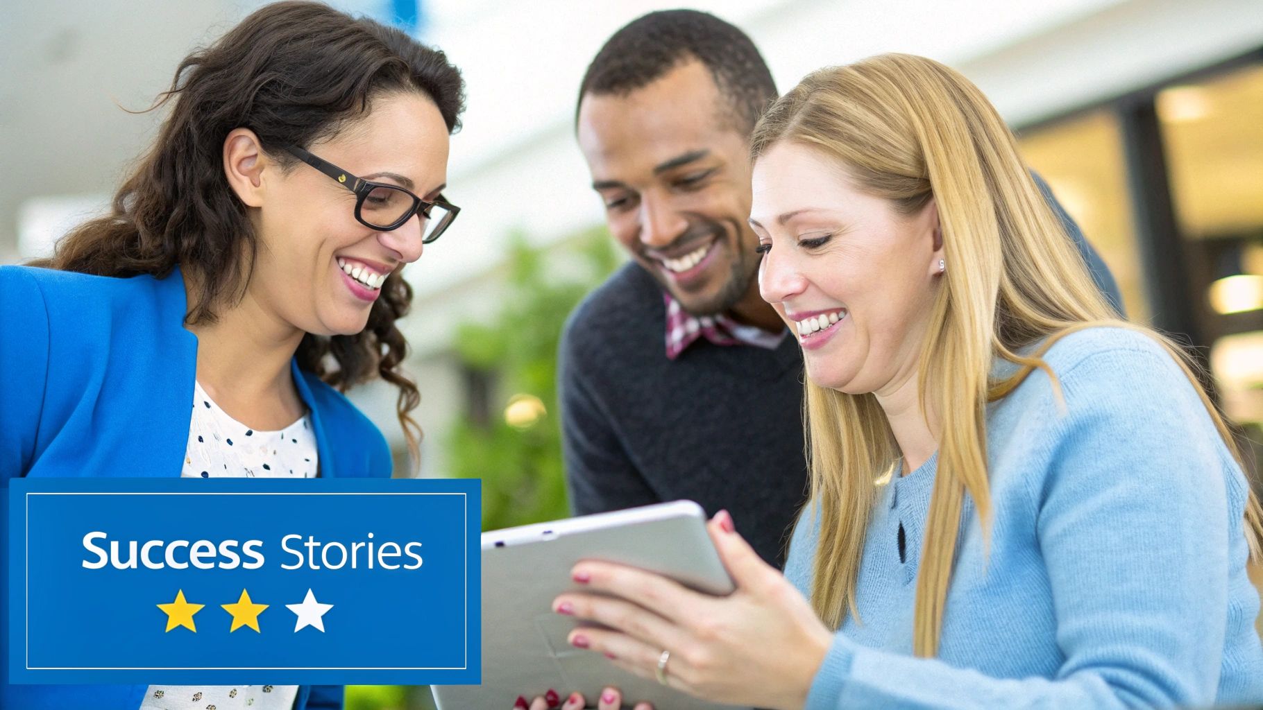 A coffee shop owner proudly hanging an 'Open' sign on the glass door of her bustling cafe.
