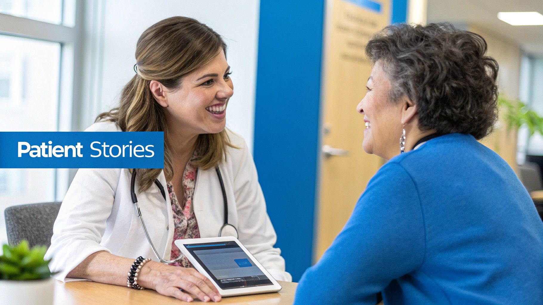 Patient Acquisition Strategies That Help Your Reputation 3 A smiling female doctor talks to an older female patient in a healthcare setting.