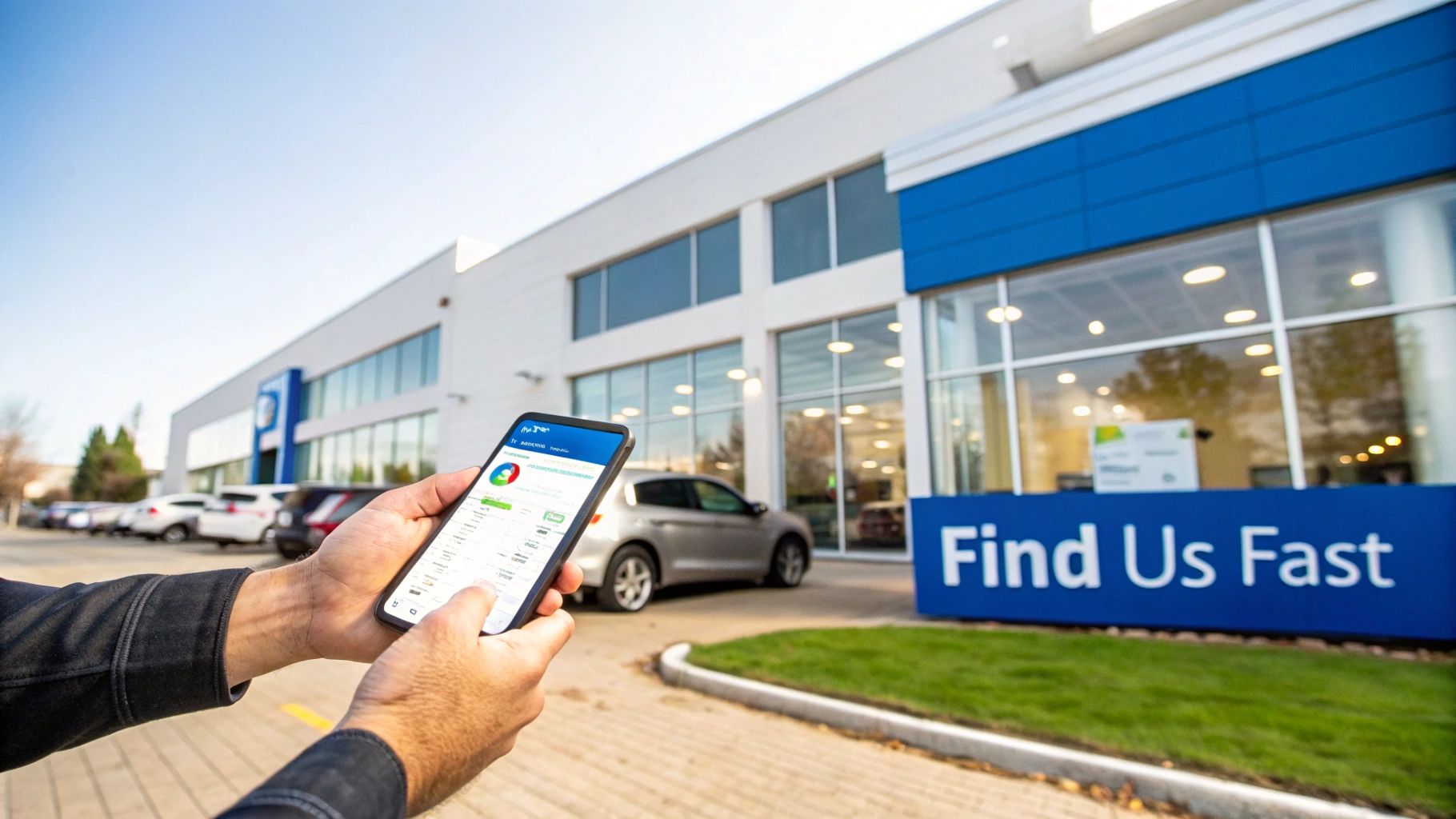Person using smartphone to check auto repair shop services outside modern dealership building