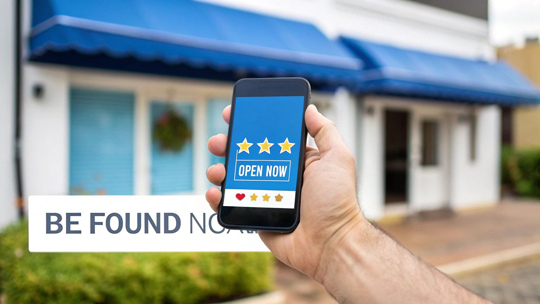 Hand holding a smartphone displaying "Open Now" with three stars, in front of a local business with blue awnings.