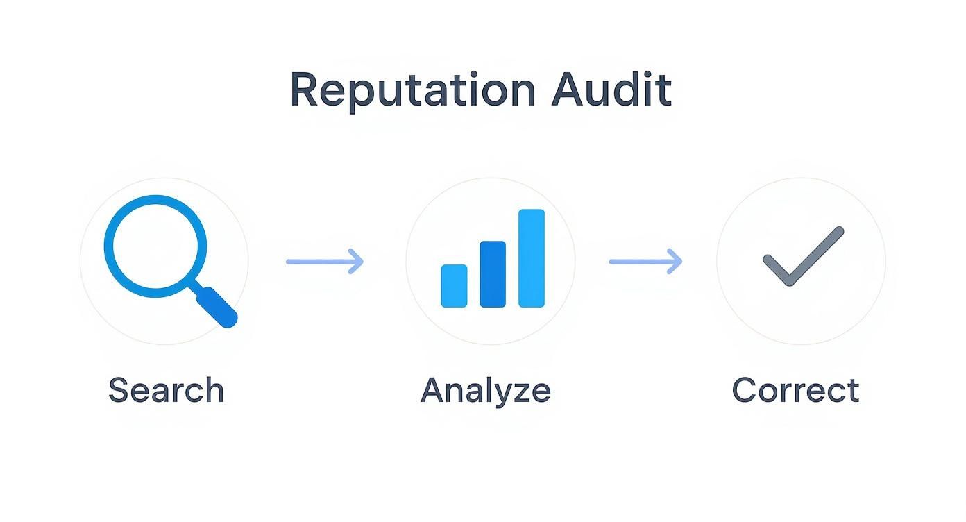 A three-step process for a reputation audit: search, analyze data, and correct issues.