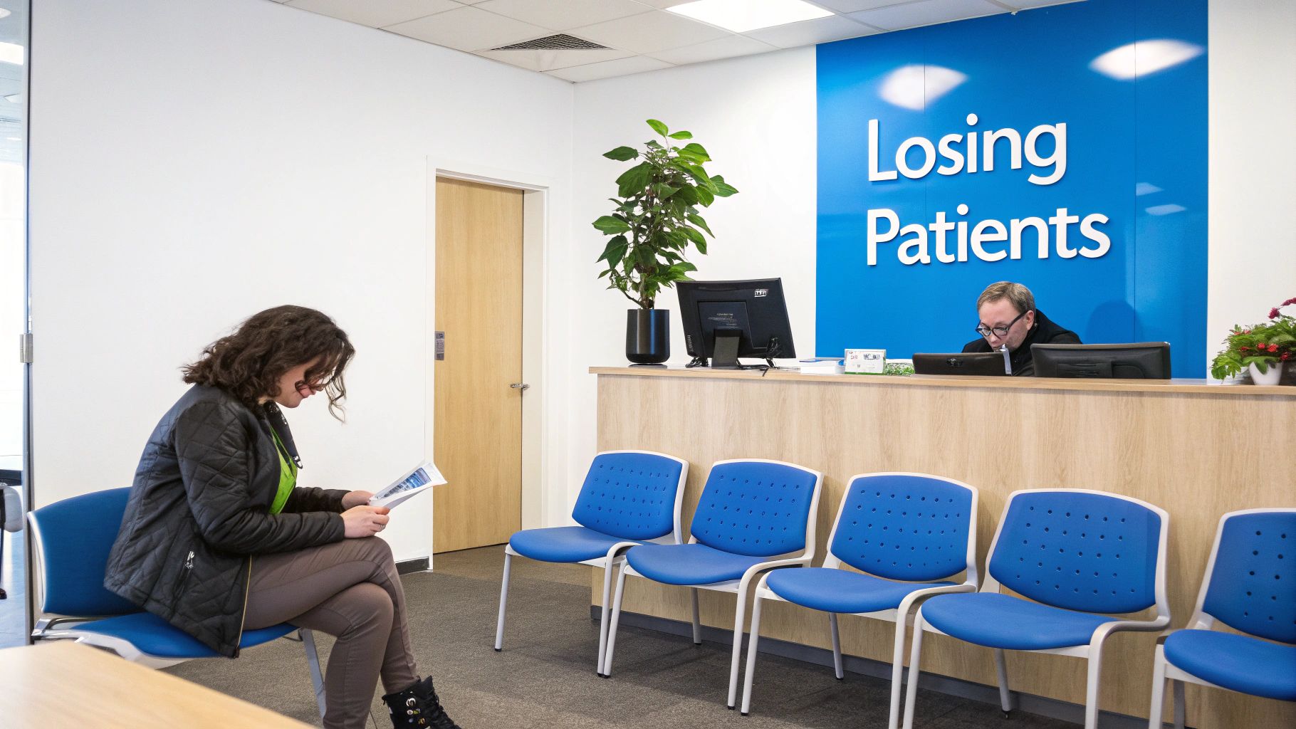 A woman reads in a reception waiting room with a man at the desk and a "Losing Patients" sign.