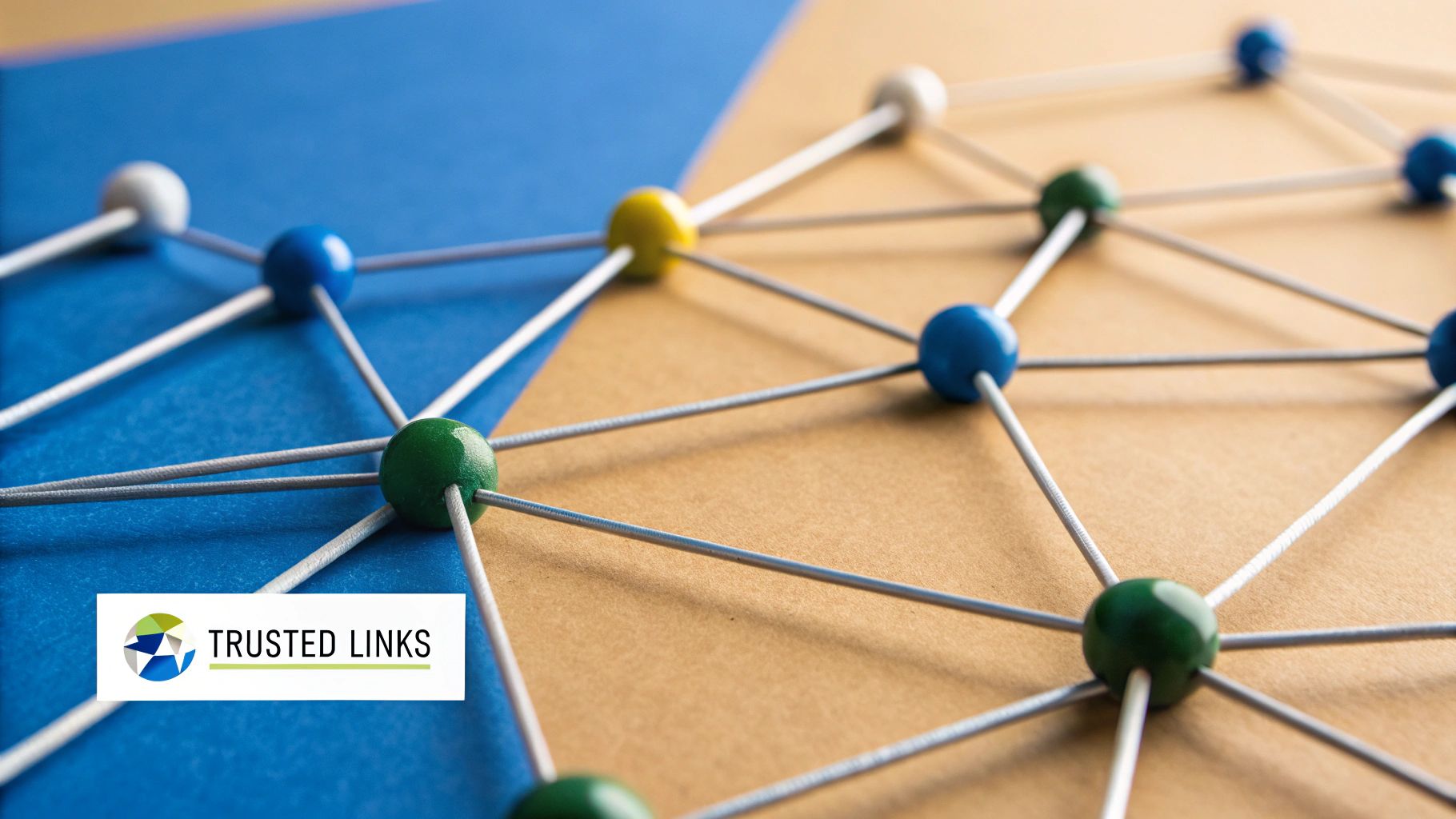 Search Engine Ranking Factors 3 Illustration of a digital network with lines connecting different websites, representing backlinks and authority.