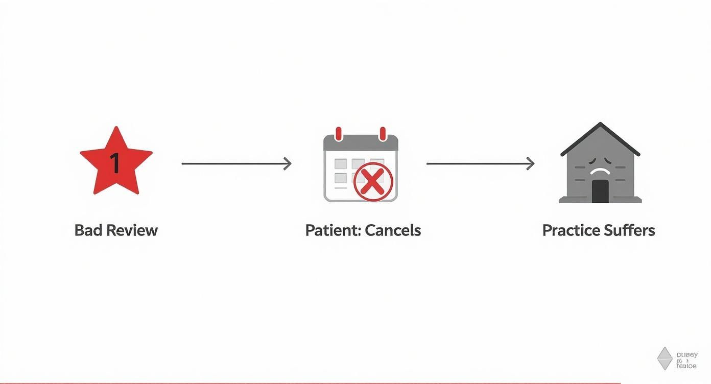 A diagram illustrates how a bad review leads to patient cancellations and a suffering medical practice.