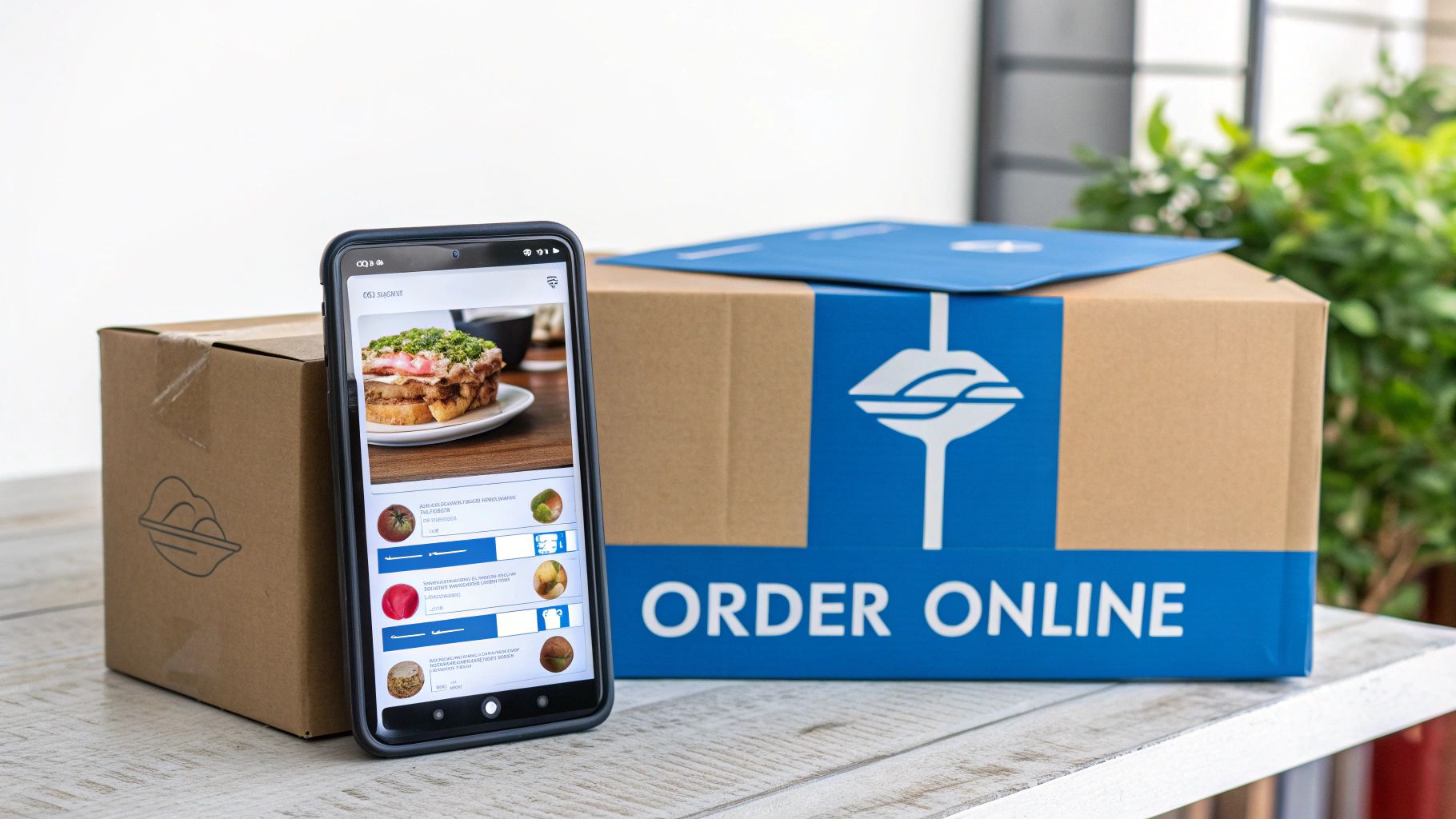 A smartphone displays a food ordering app next to cardboard delivery boxes, one labeled "ORDER ONLINE."