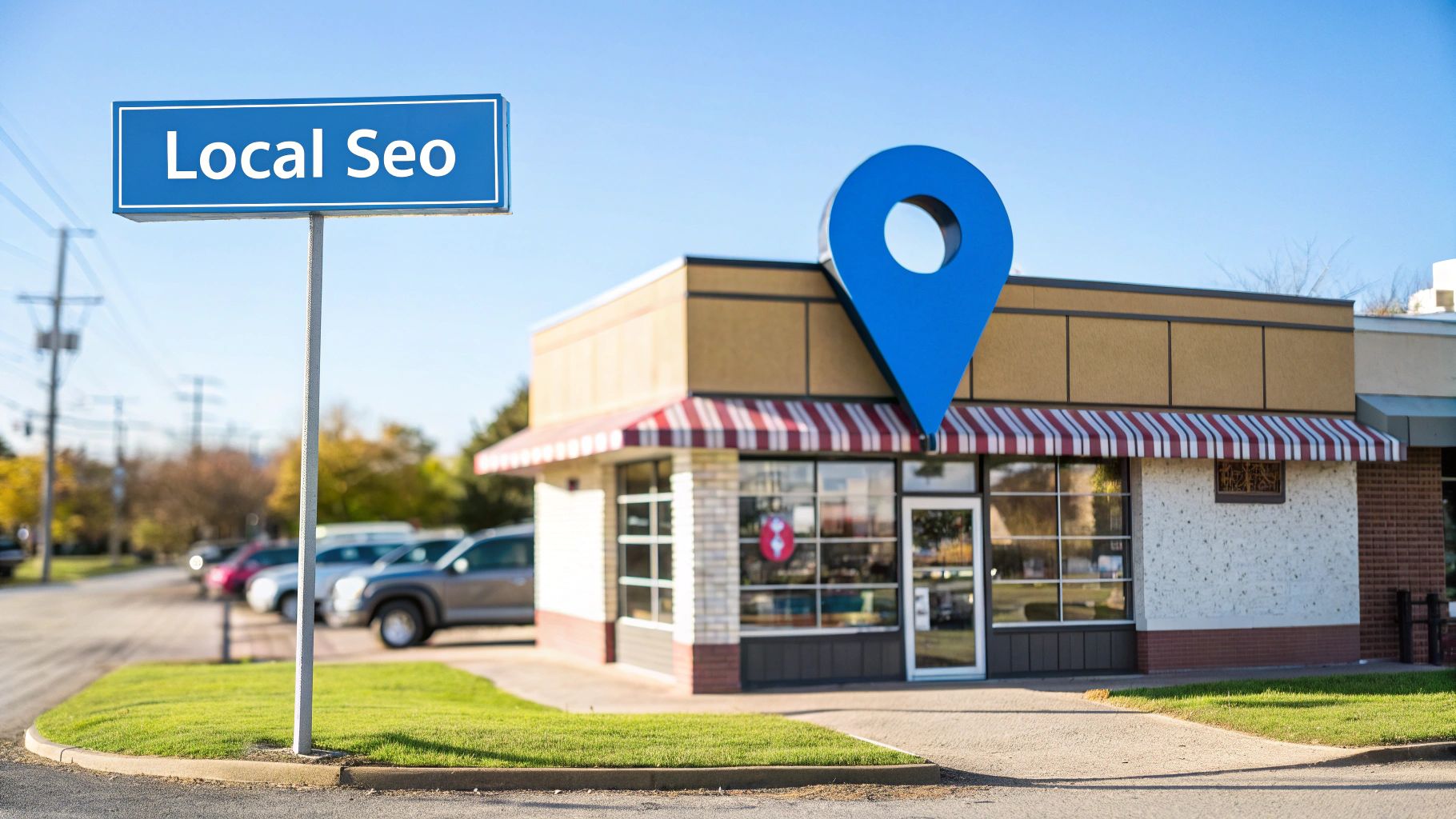 Search Engine Ranking Factors 4 A local storefront with a pin icon above it, representing local search optimization.