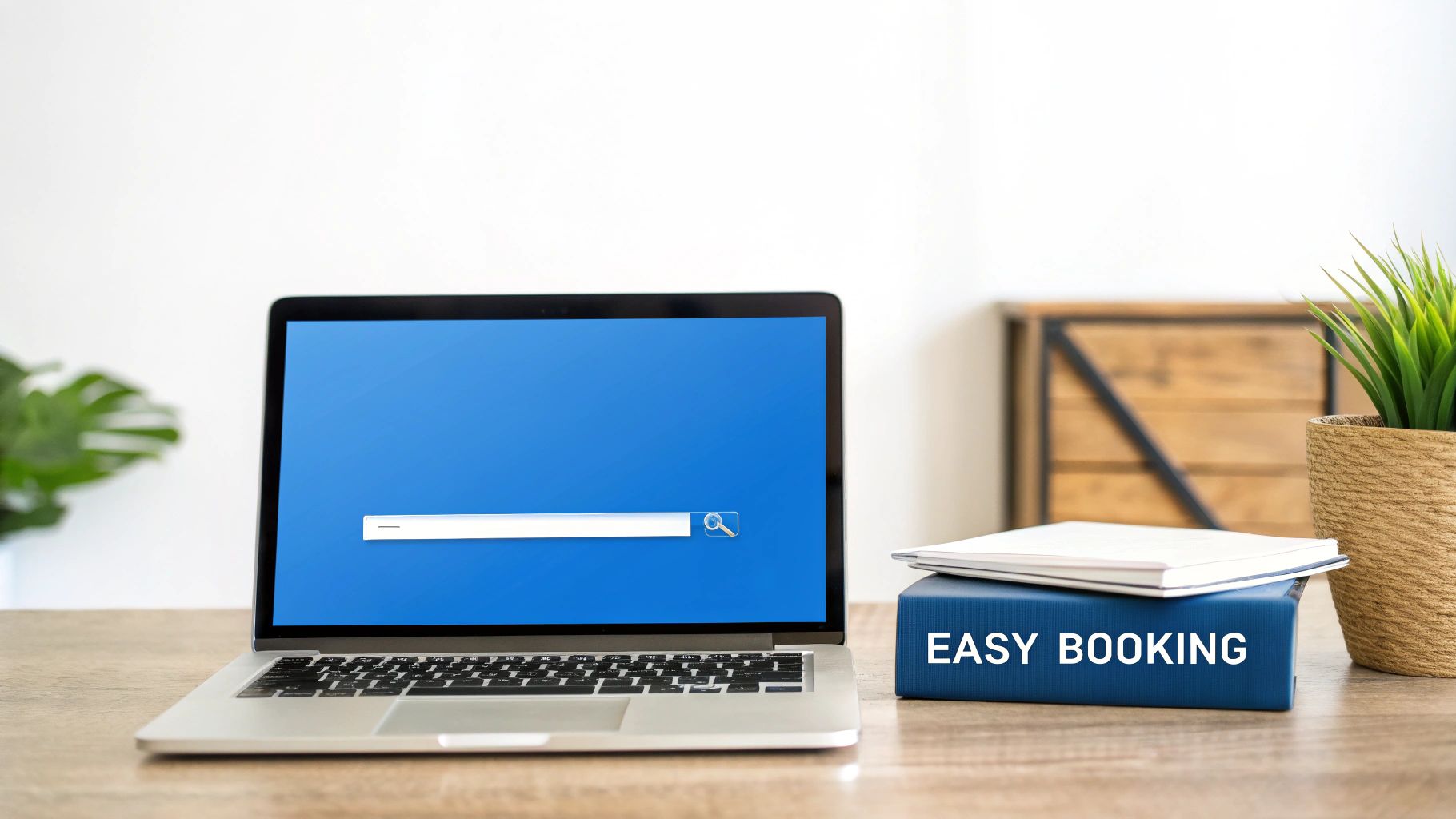 A laptop showing a search bar on a blue screen, a book titled 'EASY BOOKING', and a plant on a desk.