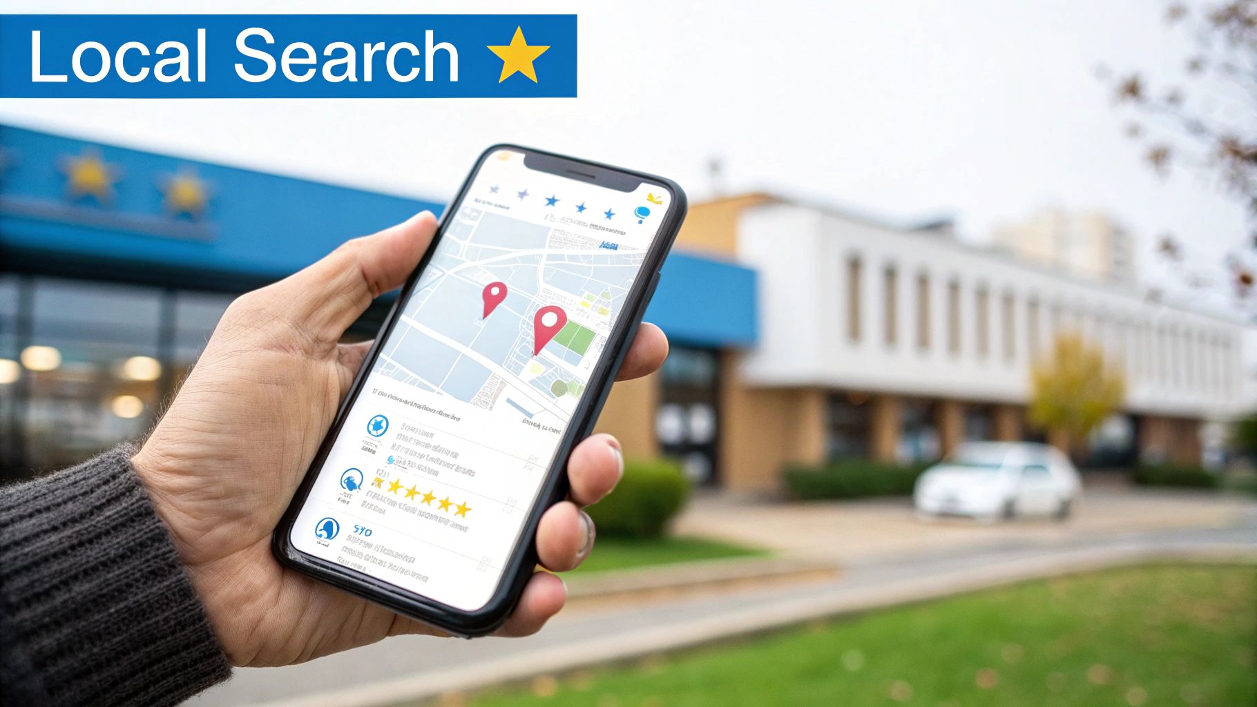 Hand holding a smartphone displaying a local search map with location pins and a star rating.